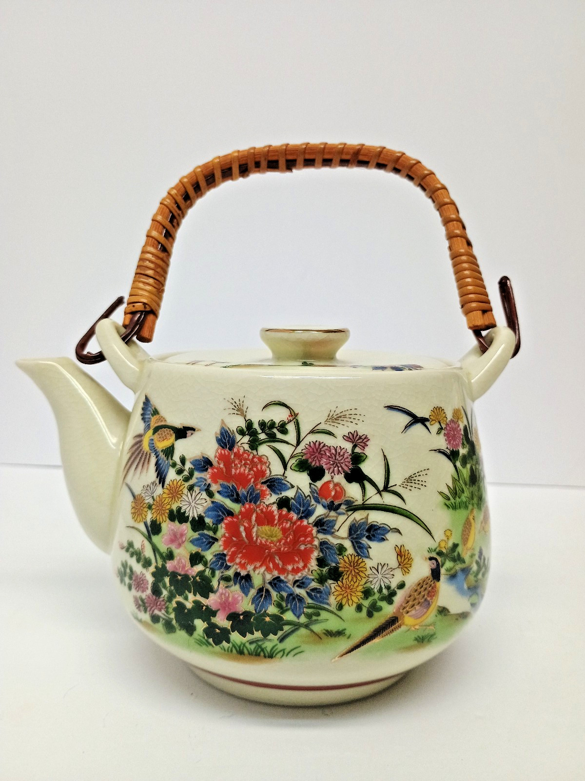 VINTAGE Japan Porcelain Sake Teapot Floral Pheasants Oriental White Handle