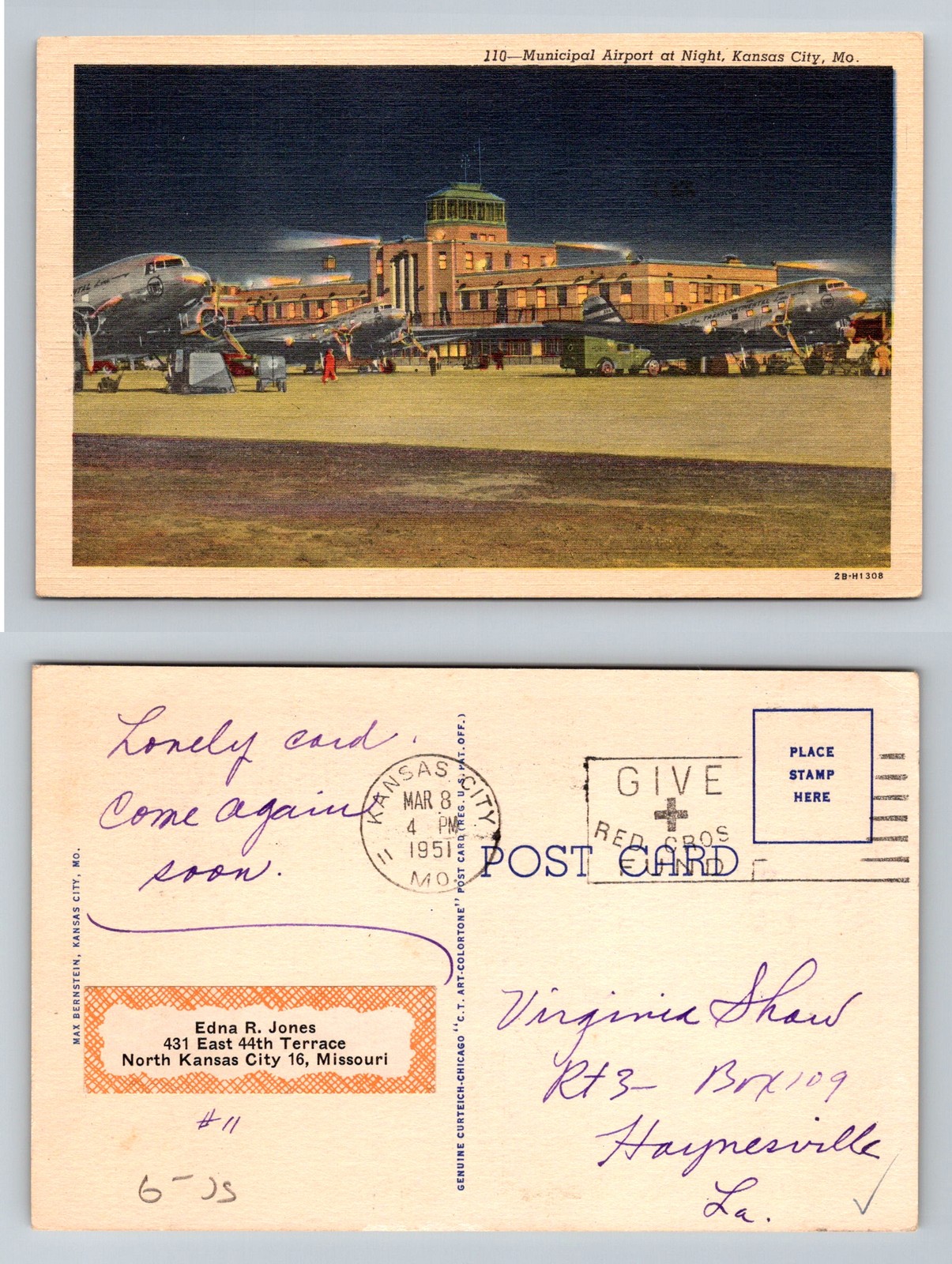 Kansas City, MO-Missouri, Municipal Airport At Night Vintage c1951 Postcard