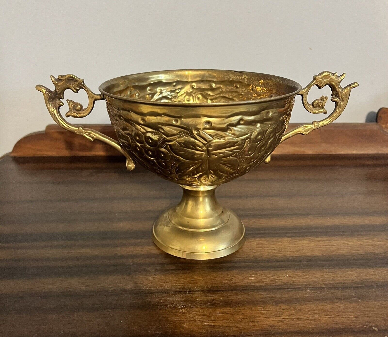 Antique Brass Footed Bowl with Arms Filigree Ornate Urn Chalice Goblet Vintage