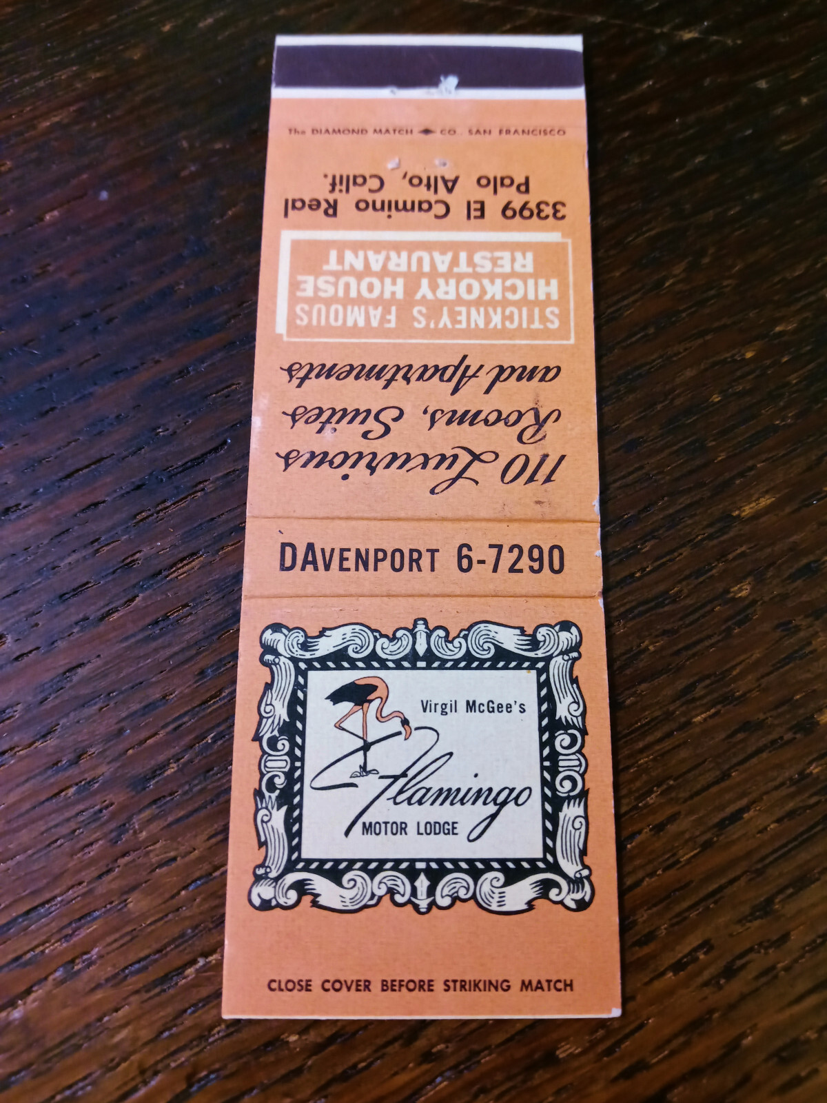 Vintage Matchcover: Stickney's Restaurant, Flamingo Motor Lodge, Palo Alto, CA