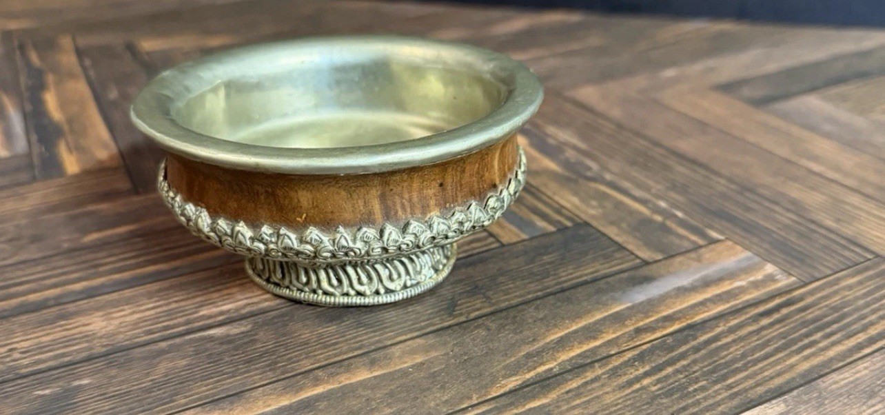 Antique Tibetan/Himalayan burlwood Silver Armored W/repoussé Jha Phor Tea Bowl 