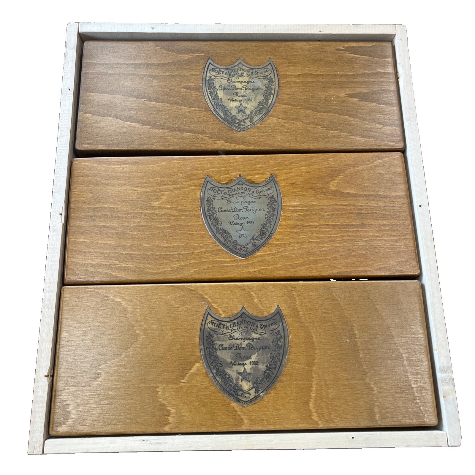 3 Cuvee Dom Perignon Rosé 1982 EMPTY Wooden Champagne Boxes | Manual & Crate