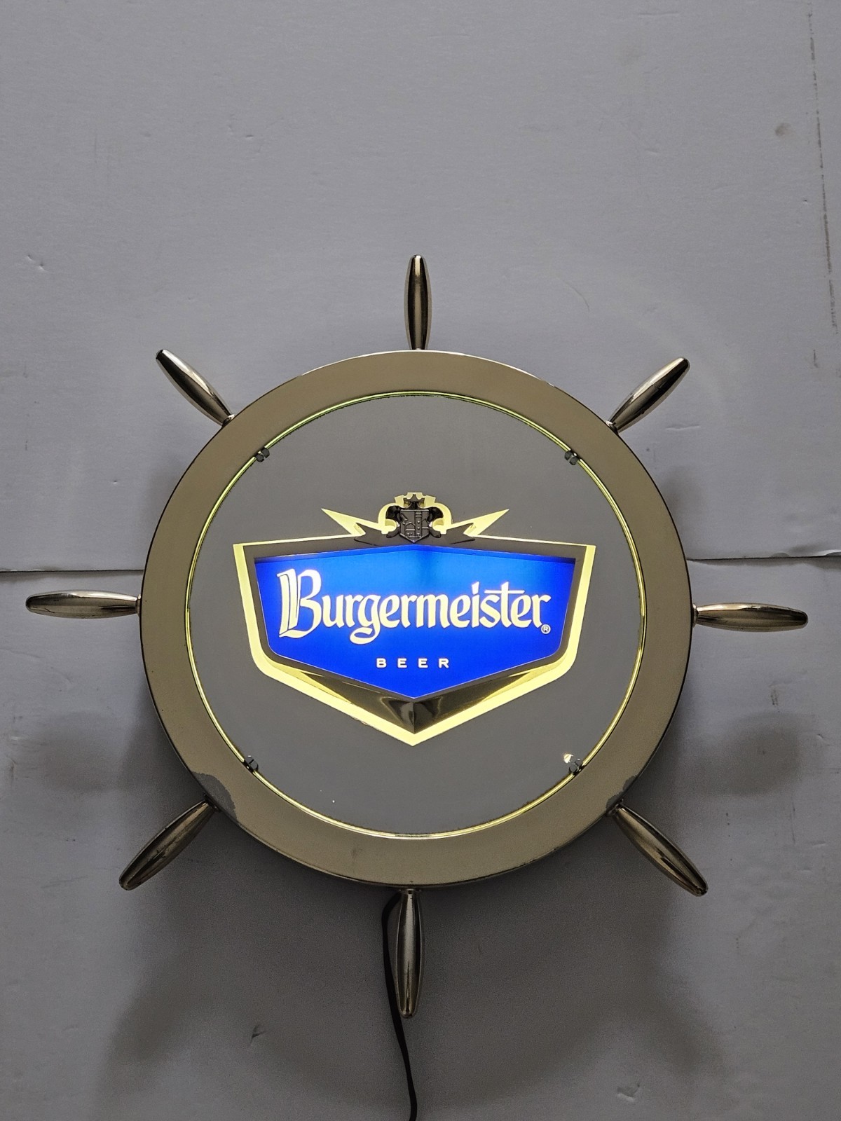 Vintage 1963 Burgermeister Beer Lighted Mirror Sign Ship Wheel Works 20\