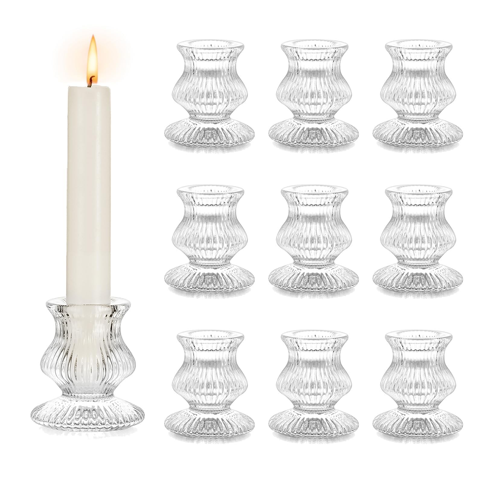 Hewory 10PCS Clear Crystal Ribbed Glass Taper Candle Holders Hewory 10PCS Clear Crystal Ribbed Glass Taper Candle Holders
