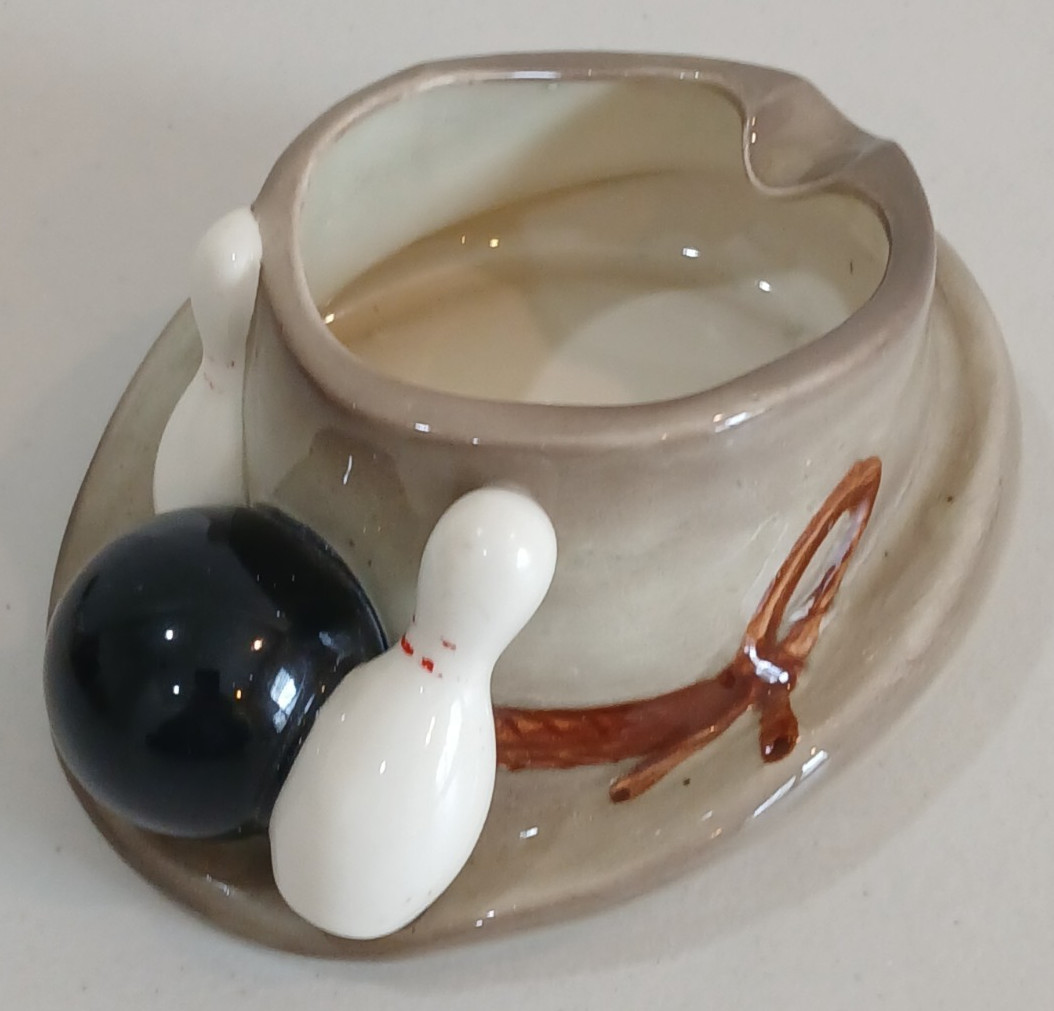 Lefton Ceramic One Slot Ashtray Hat With Bowling Ball And Pins  5.7\