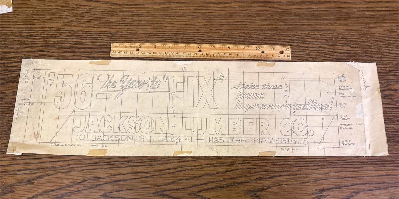 Vintage 1956 Billboard Ad Sign Hand-Drawn Sketch: Jackson Lumber of Lawrence MA