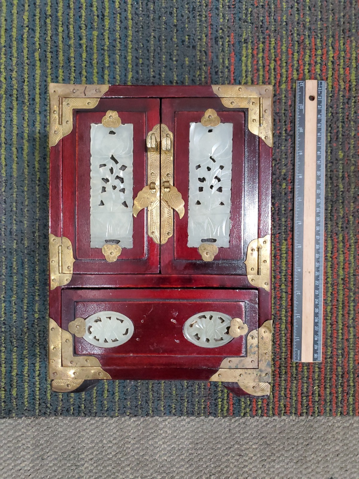 Vintage 60s-70s Shanghai China Jewelry Cabinet Rosewood Jade Silk