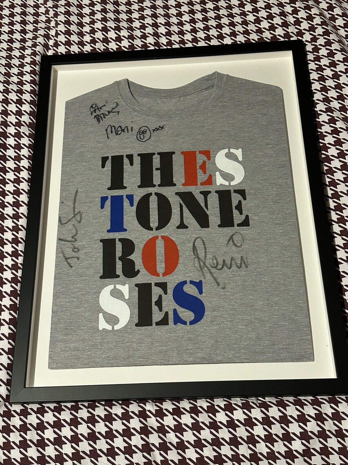 Ian Brown / John Squire / The Stone Roses: framed and glazed autographed t-shirt