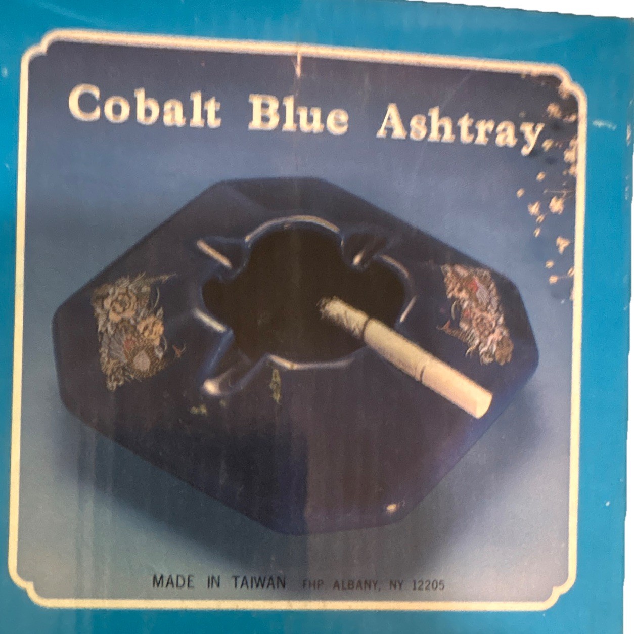 Cobalt Blue Tobacco Ashtray Made in Taiwan Glass Collectible Barware Decor