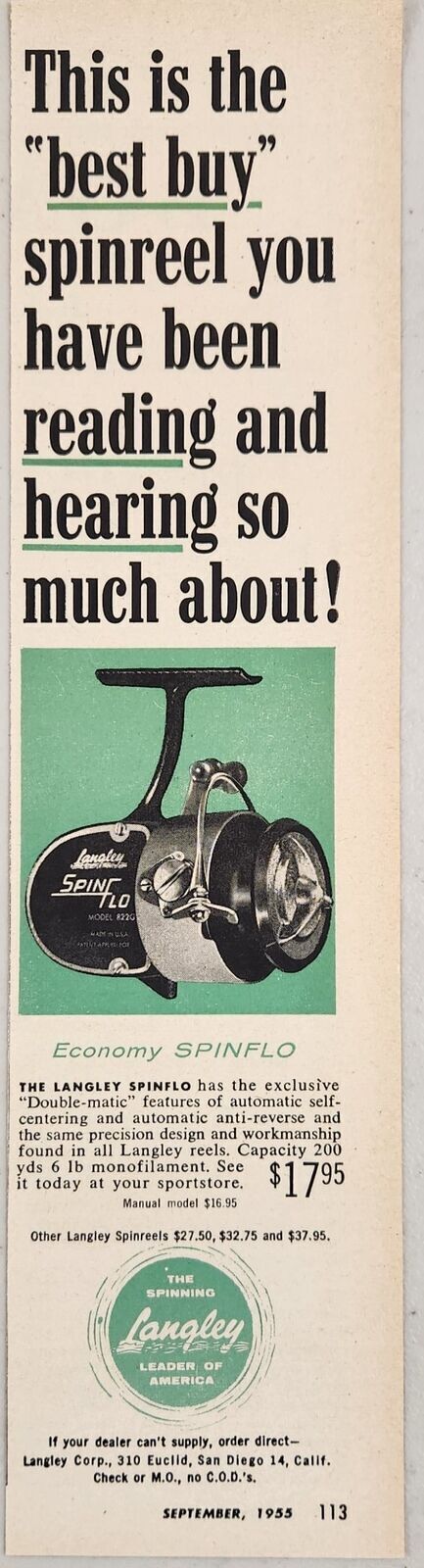 1955 Print Ad The Langley Economy Spinflo Fishing Reel San Diego,California