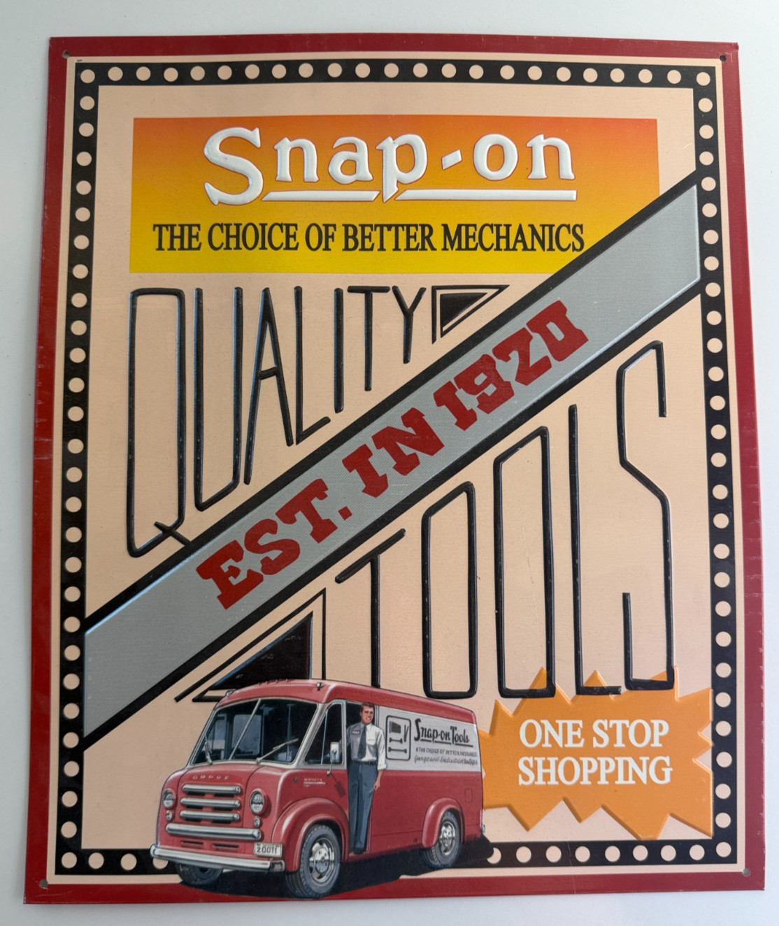 Vintage 1995 SNAP-ON QUALITY TOOLS Metal Sign 12 x 14.5 in RARE
