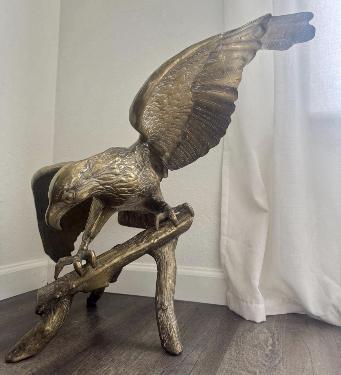 Solid Brass Metallic Metal Eagle Figurine Sculpture, 3D Effect, Wings Spread 35”