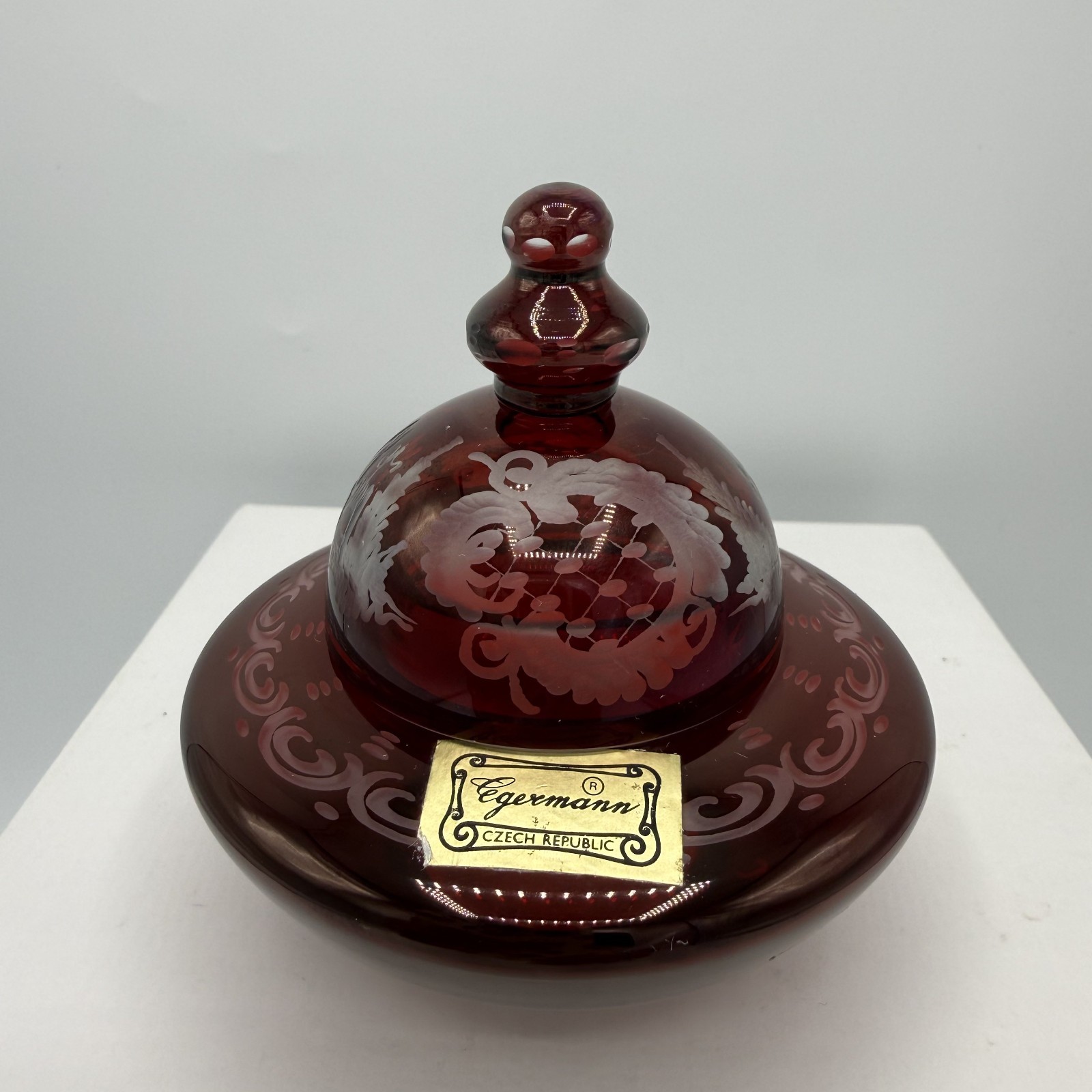 Vtg Egermann Czech Republic Cut to Clear Covered Ruby Candy Dish w/Paper Label