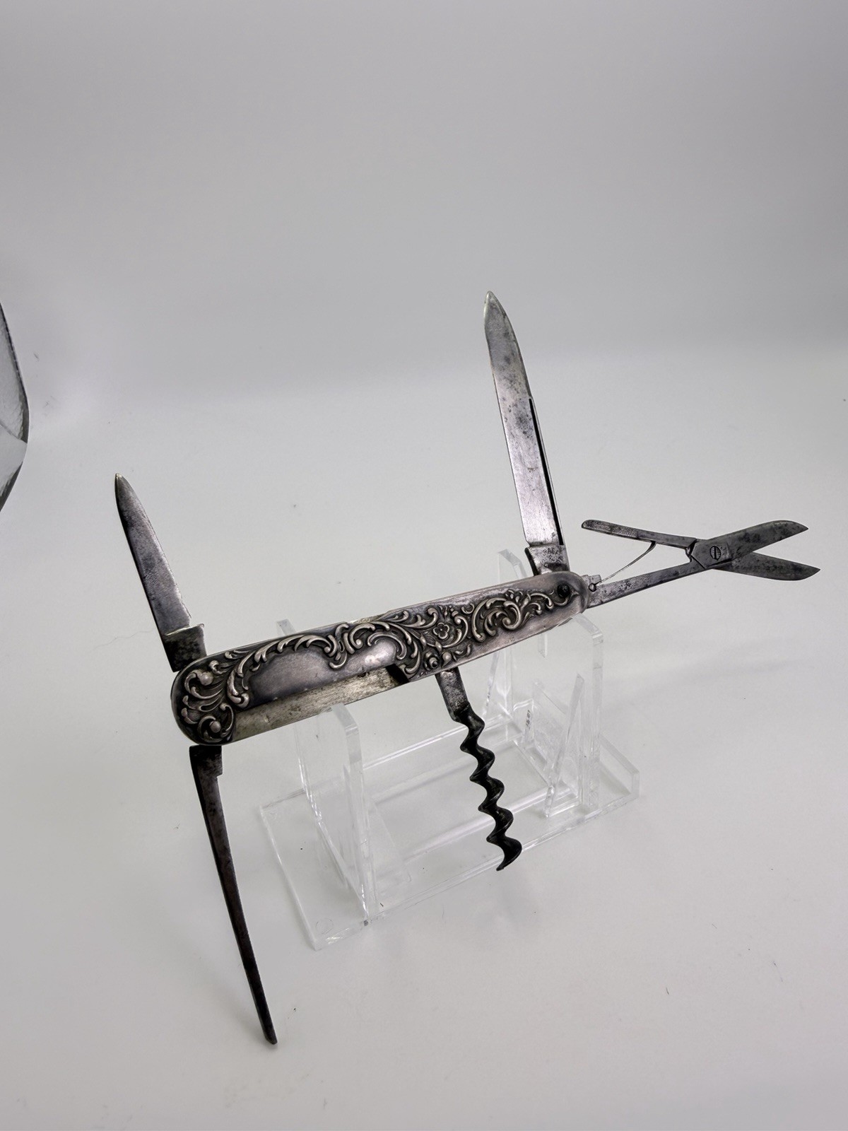 Antique Graef & Schmidt Sterling Silver Pocket Knife Green Man Multi Tool Snap