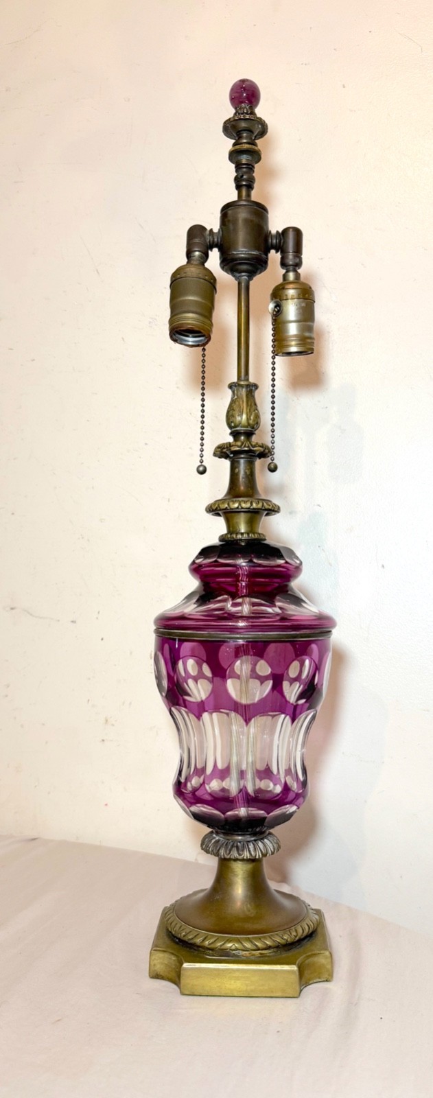 Antique cut to clear Bohemian Czech purple clear glass crystal bronze table lamp Antique cut to clear Bohemian Czech purple clear glass crystal bronze table lamp