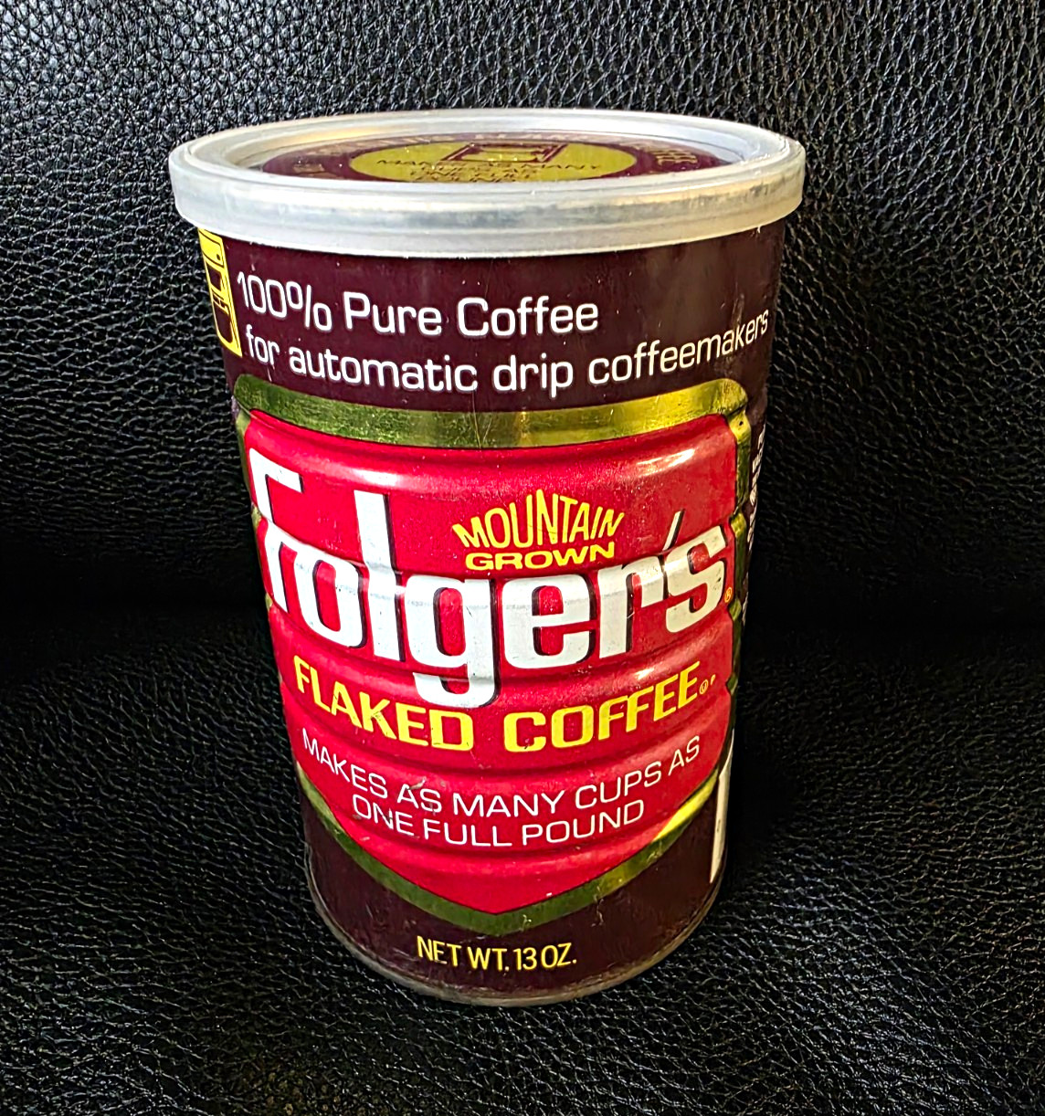 Vintage Folgers Vintage Flaked Coffee Tin Can 13oz Plastic Lid 1980s