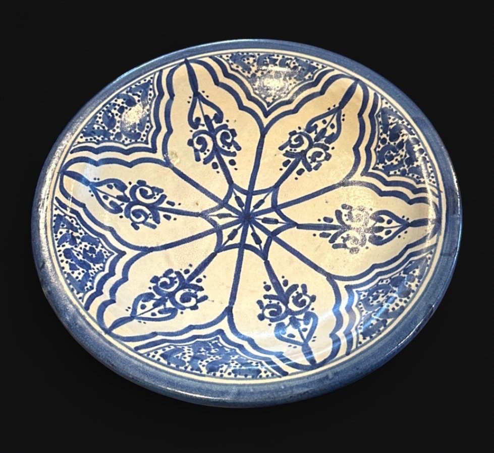 $395 Antique 1890-1930’s Moroccan Filali Fes Blue and White Ceramic Plate 8 3/4”