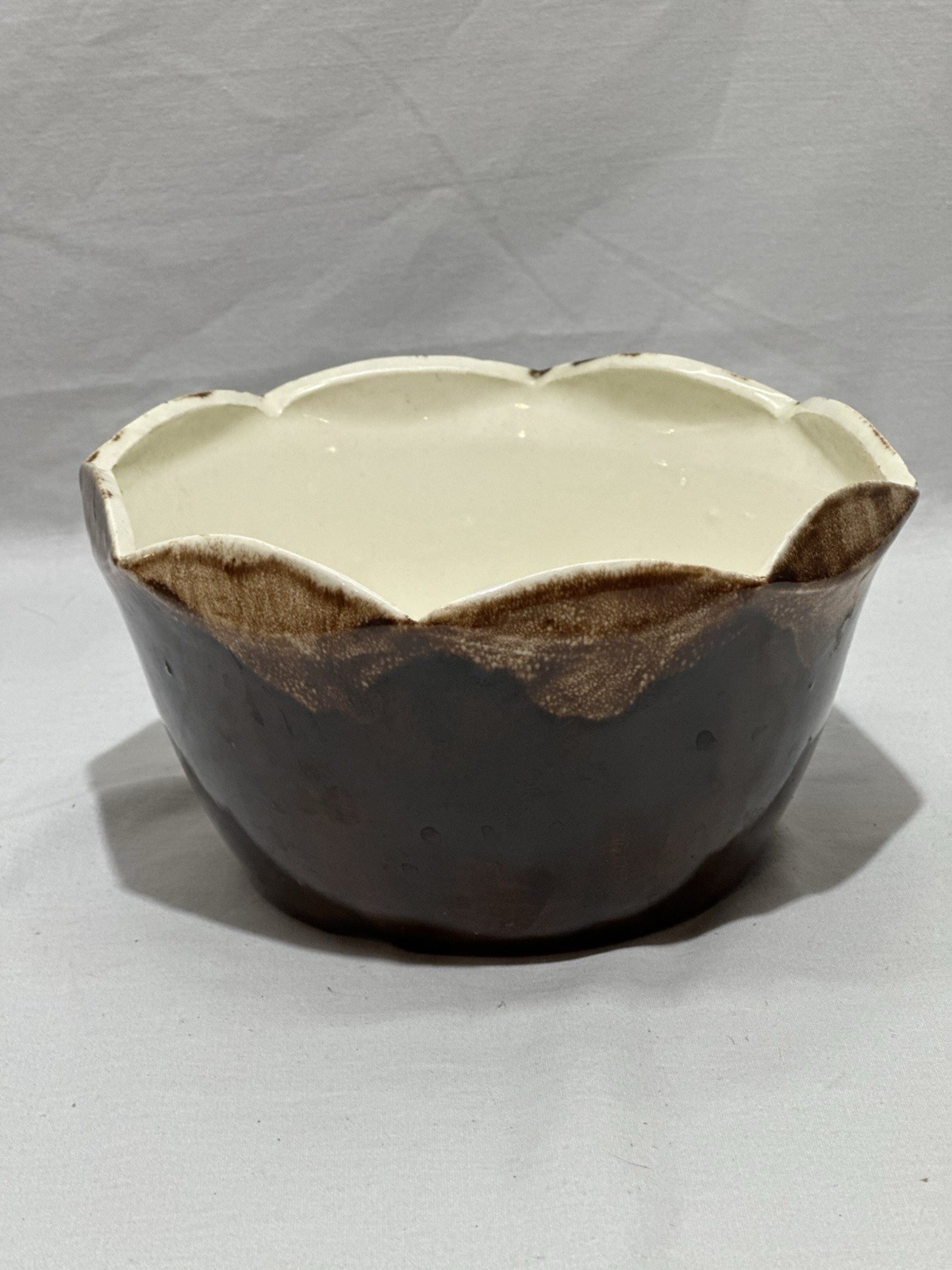 Scalloped Pottery Planter China Craft Brown Drip Glaze Bowl 4” Tall X 7 Across