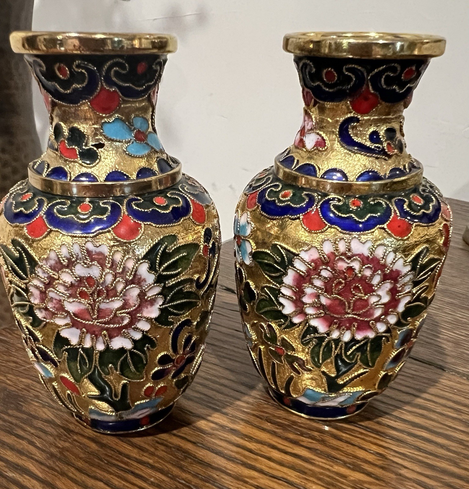 Pair Of Brass And Enamel Wired Detail Ornate 3.5” Asian Chinoiserie Vases