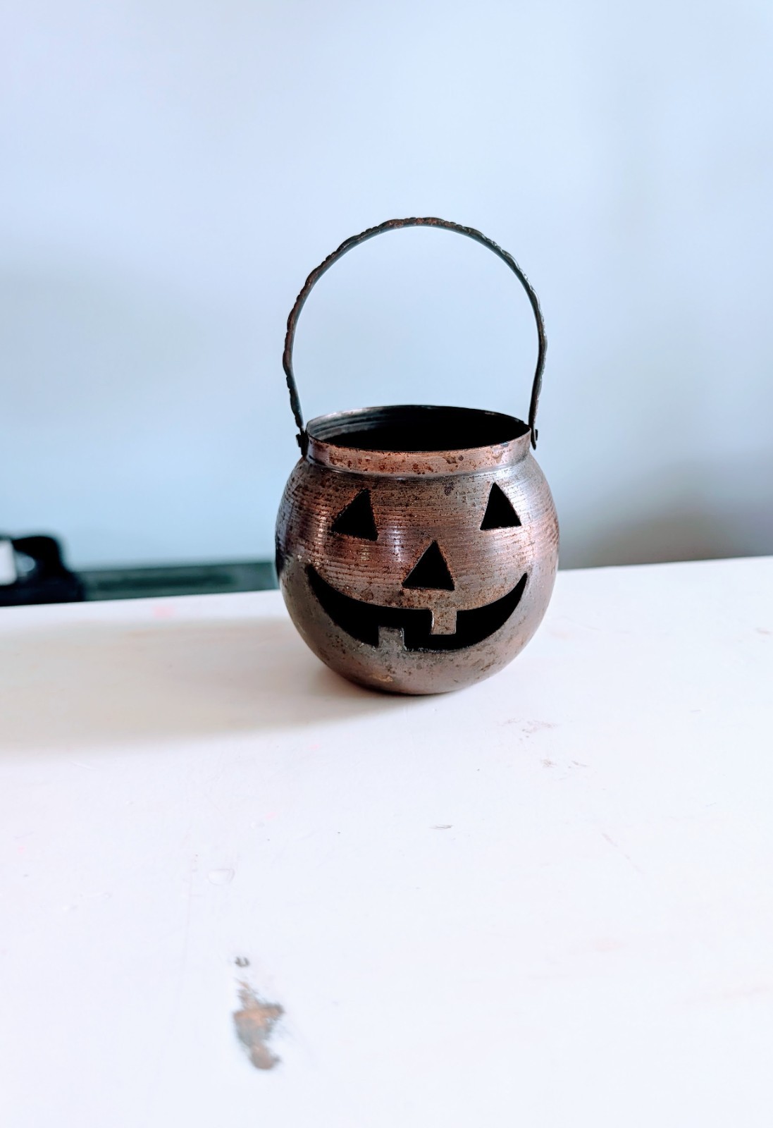 VTG Hosley USA Metal Jack-O'-Lantern Tealight Candle Holder Copper Halloween