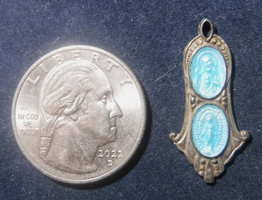 Vintage Art Deco Miraculous Medal, Scapular Medal Combo, Sterling Silver Enamel
