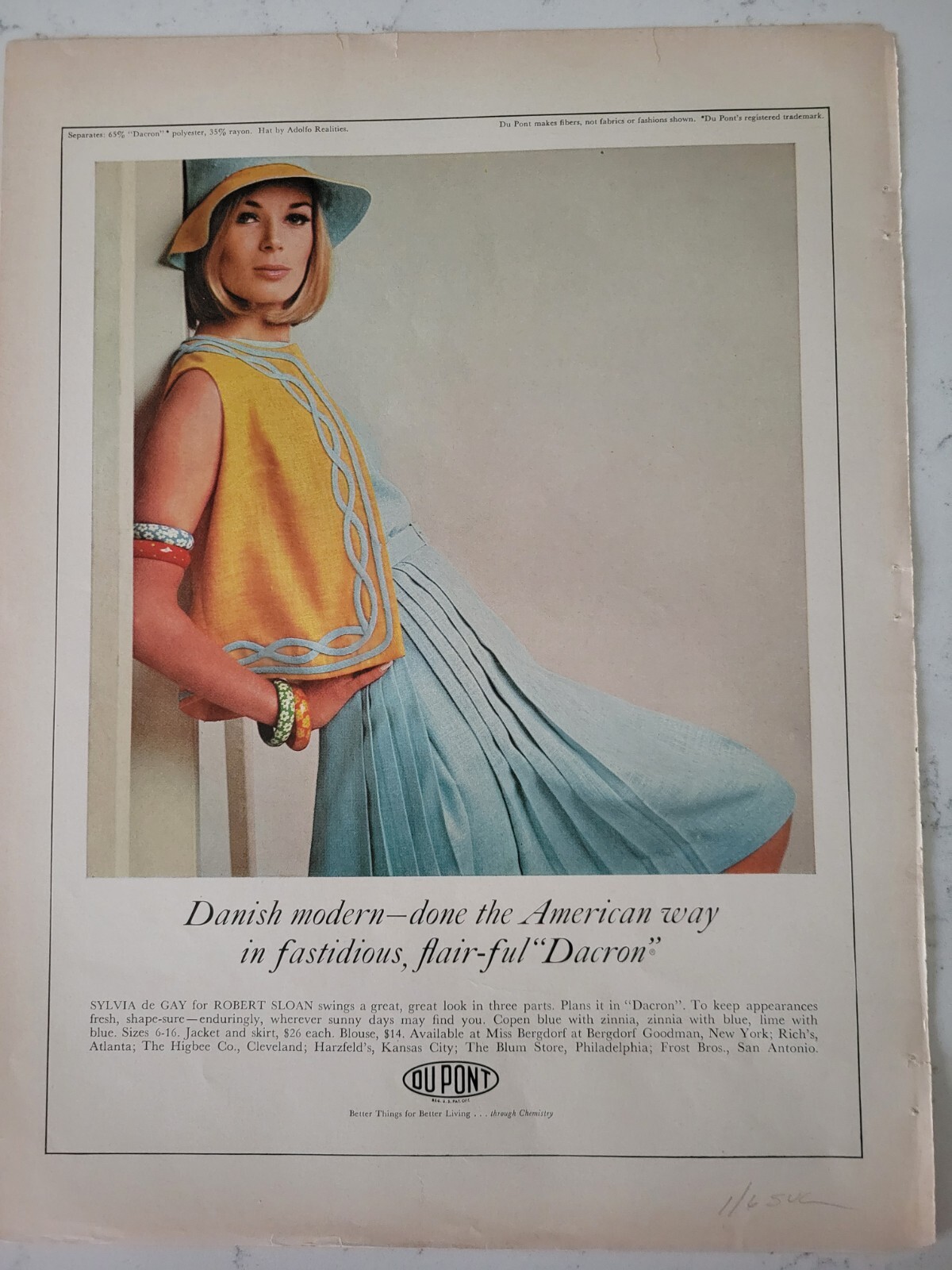 1965 Womens Dupont Dacron Sylvia de Gay for Robert Sloan Danish modern dress  ad