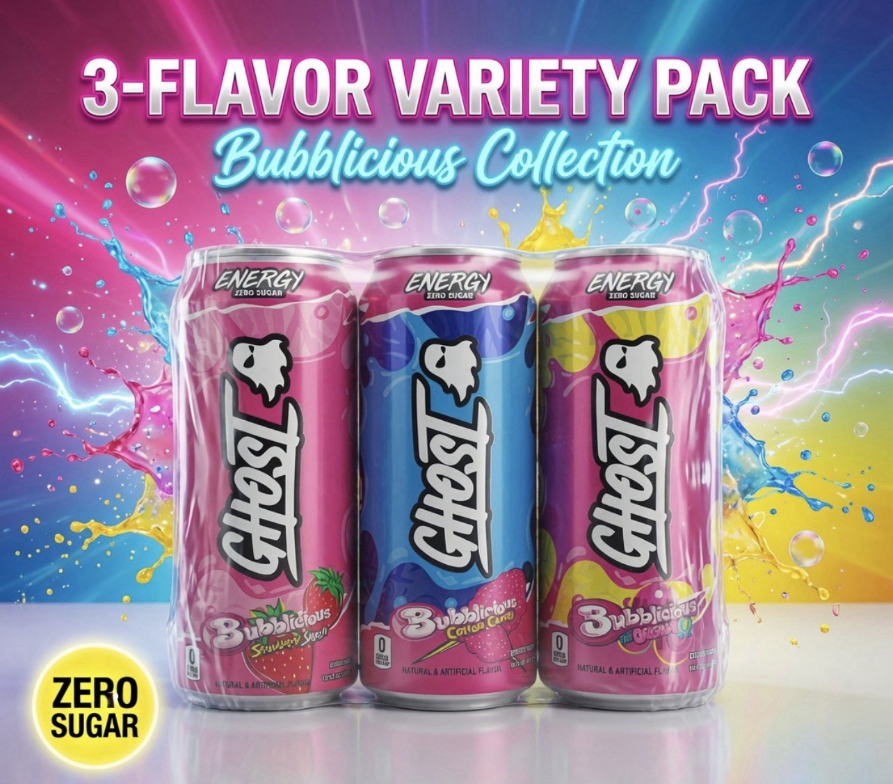 BUBBLICIOUS COLLECTION GHOST Energy Bubblicious 3 PACK 🍓🫧🍬For A Great Cause