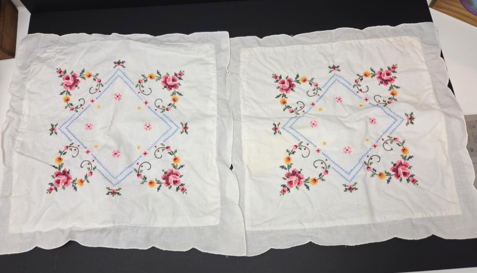 Vintage Hand Embroidered Pillow Covers Set of 2 Floral Roses Cross Stitch