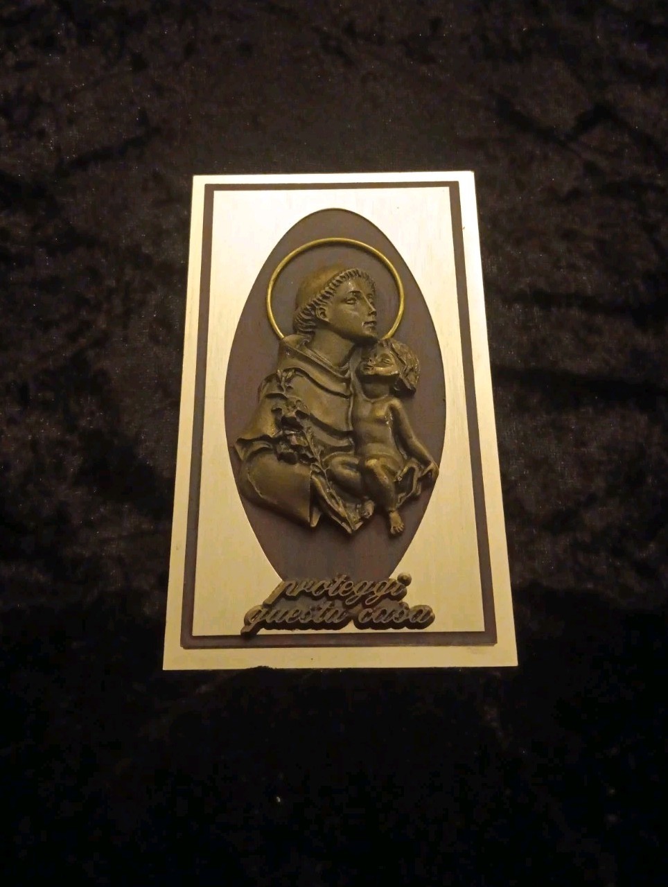 Vintage Italian Saint Anthony Plaque Wood Silver Metal House Blessing Fusione AL