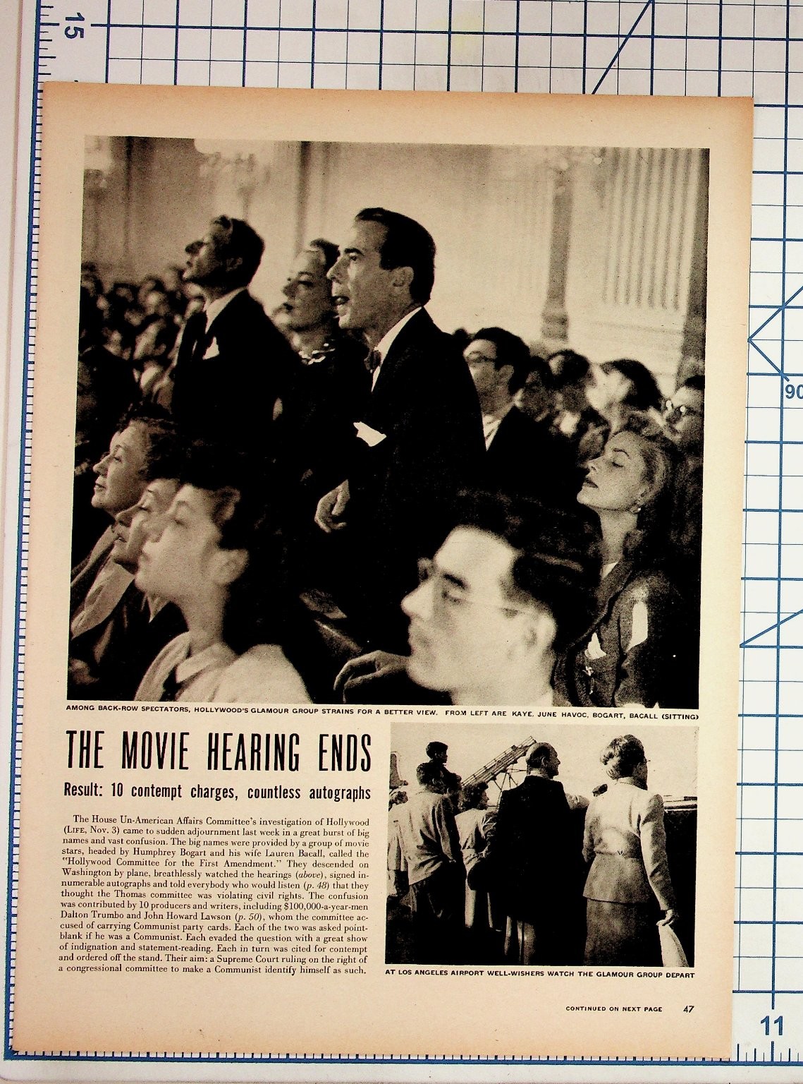 1947 HUAC Hollywood Ten Bogart Bacall Kaye Magazine Page Article Ad