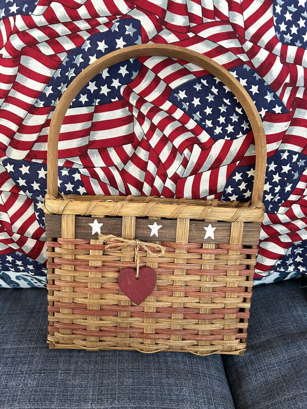 Vintage Country Cottage Patriotic Basket American Theme Amish Made & Signed