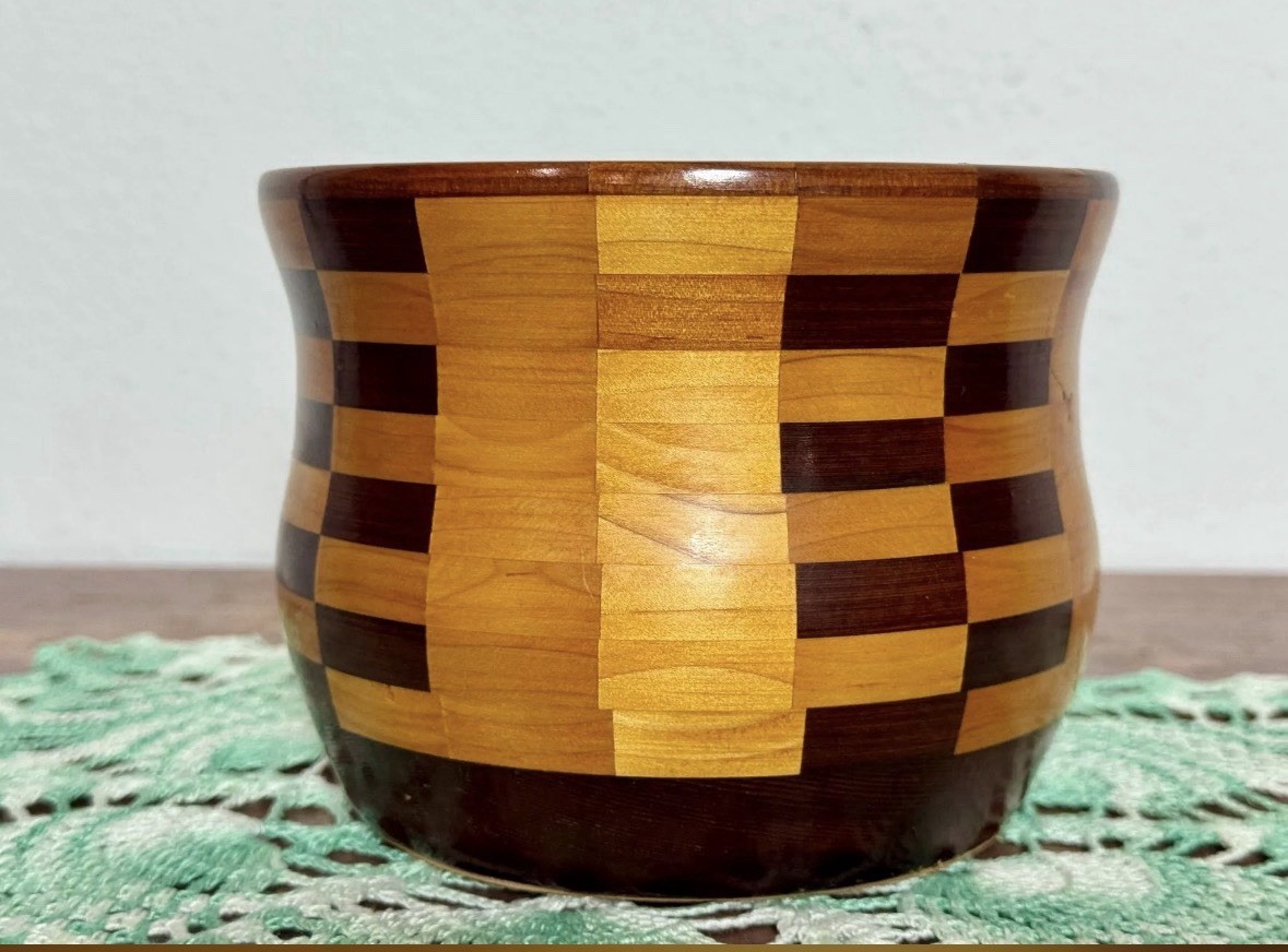 Vintage Segmented Parquetry Wood Bowl Handcrafted Mid Century