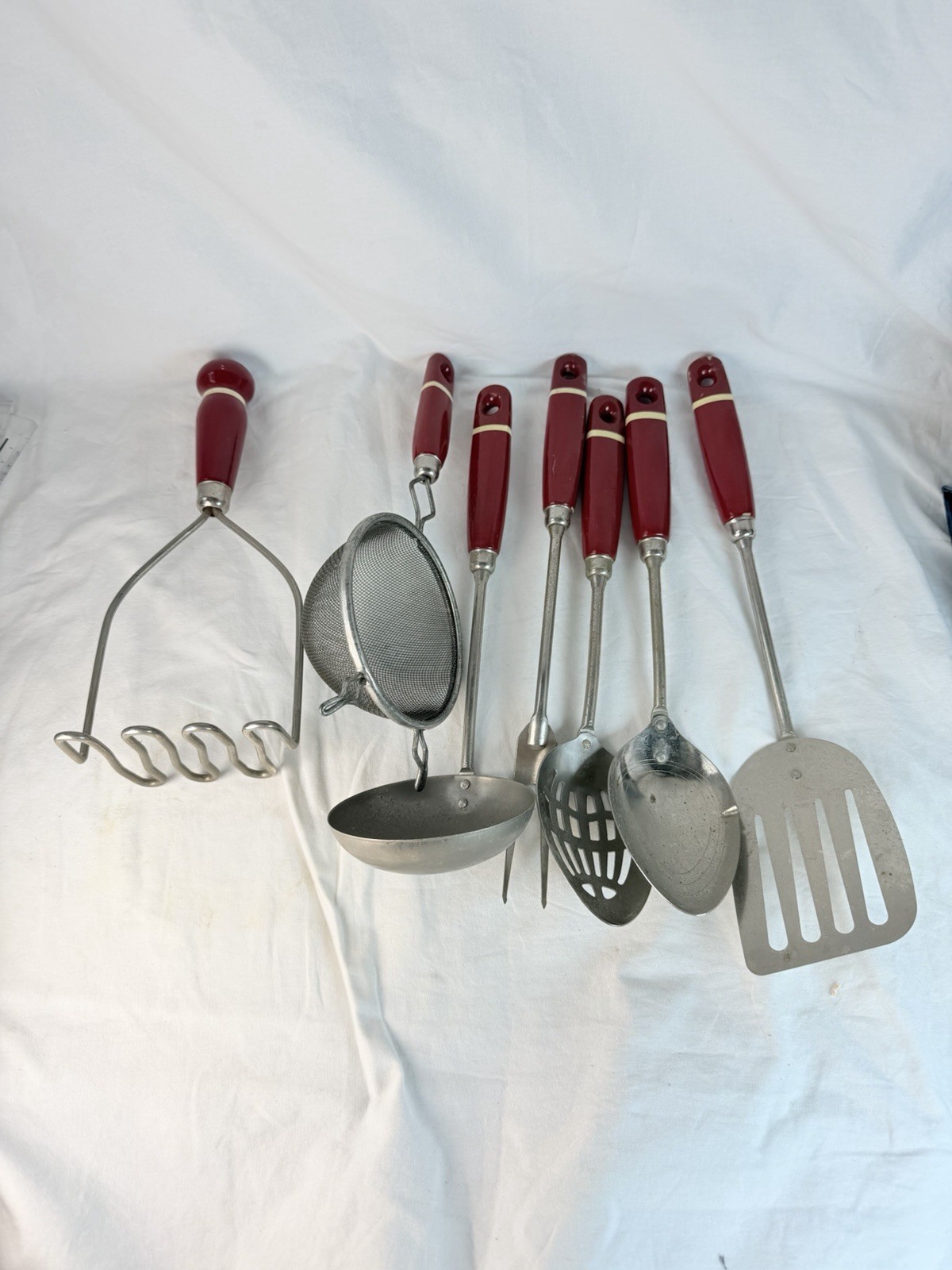 Vintage 7Pc A&J Ekco Kitchen Utensil Set Red Wood Handles Farmhouse