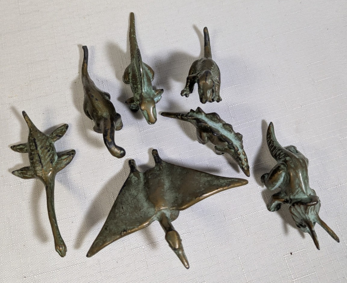 Lot of 7 Vintage SRG Sell Rite Gifts Bronze Dinosaur Figures 1940\'s Patina