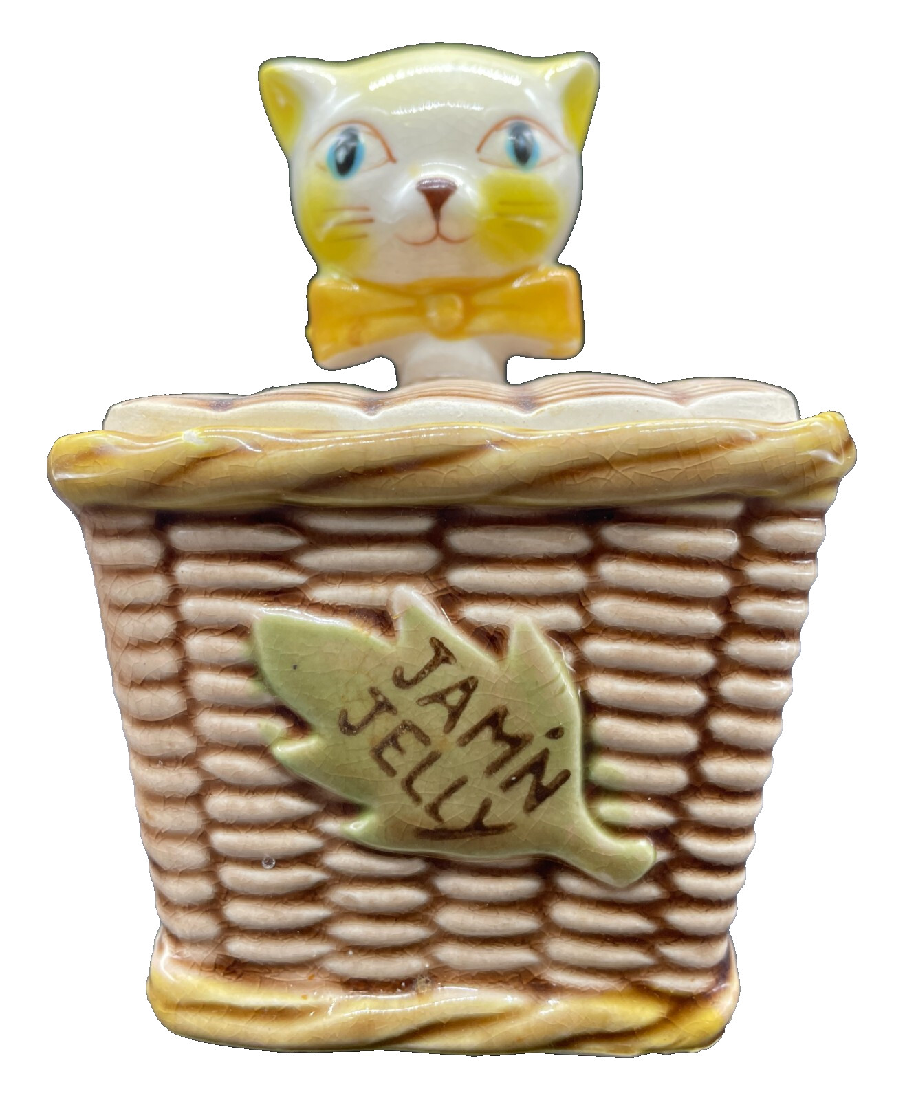Vintage Tilso Jamin Jelly Jar Ceramic Cat In Wicker Basket - Made in Japan