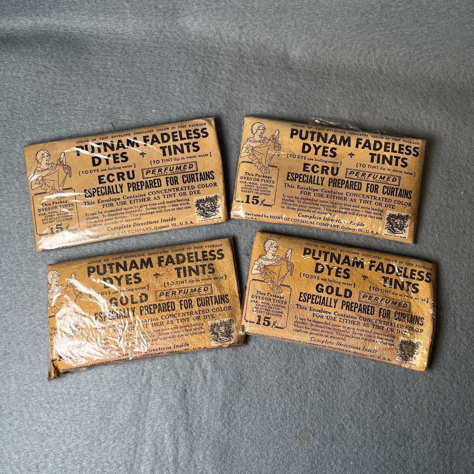 1920\'s Putnam Fadeless Dyes NOS Package Ecru, Gold Color Unopened Envelopes 4