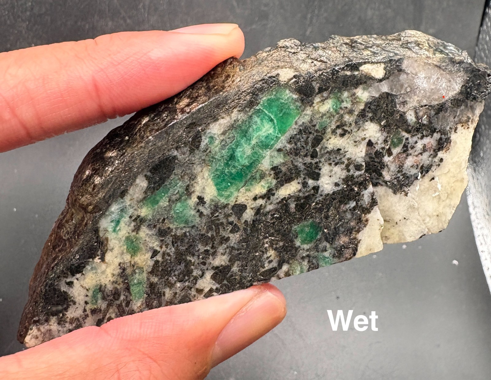64 gram Crabtree Emerald Mine emeralds on matrix slice - North Carolina