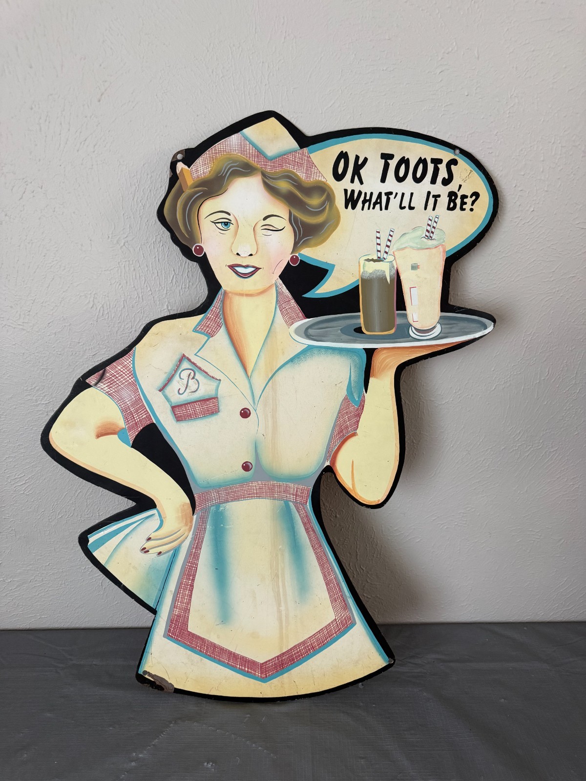 VINTAGE RETRO 1950\'S PAINTED METAL CAR HOP WAITRESS SIGN \