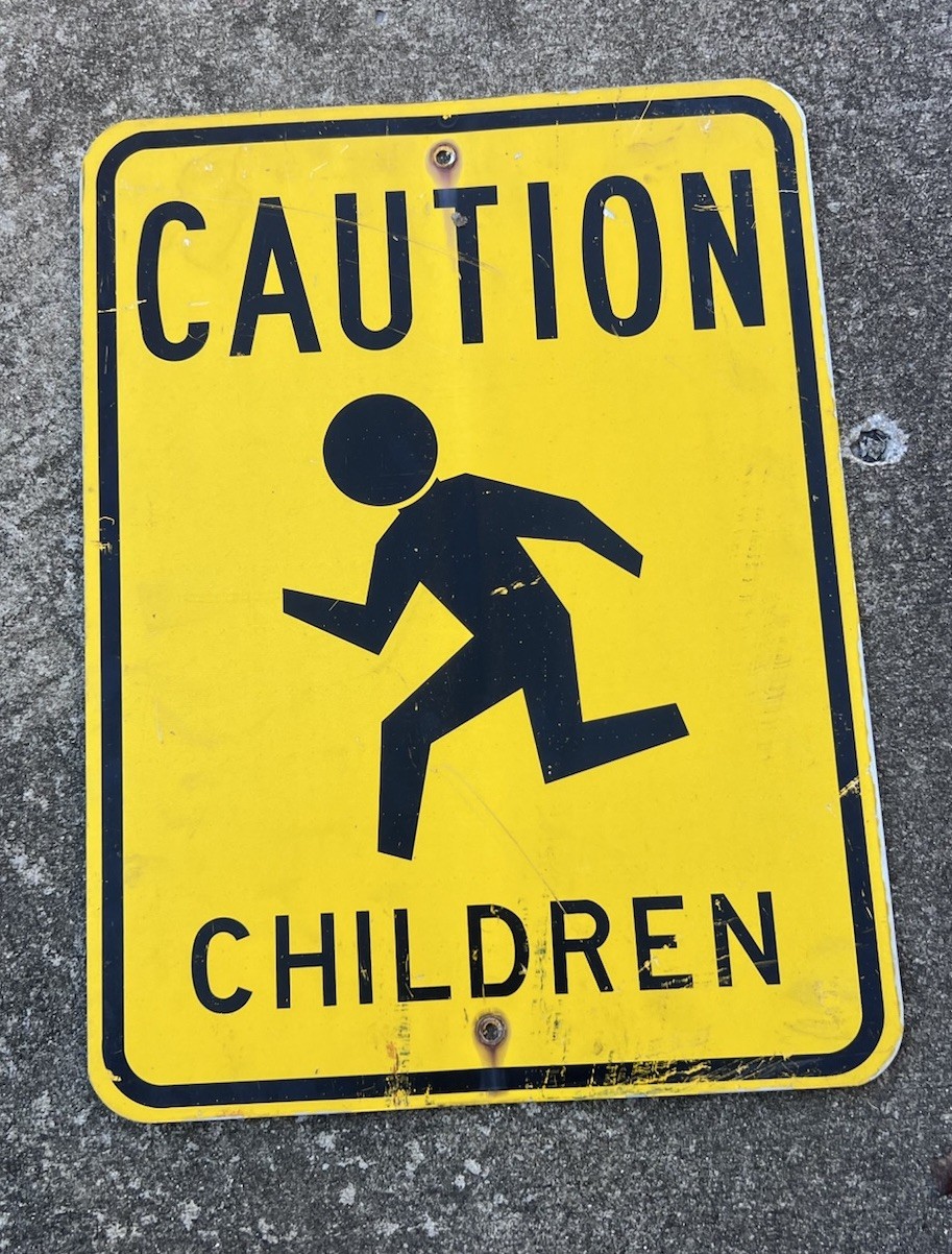 Vintage Yellow Caution Children Playing Street Sign Metal Steel Retired Sign