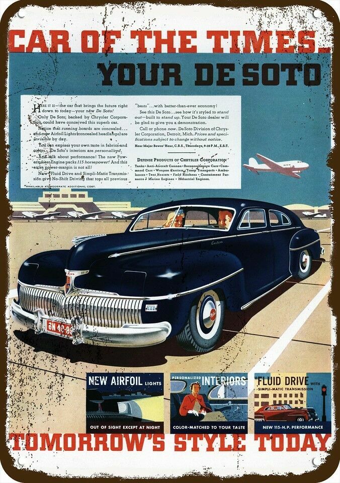 1942 DESOTO Custom Car at Airport Vintage-Look DECORATIVE REPLICA METAL SIGN