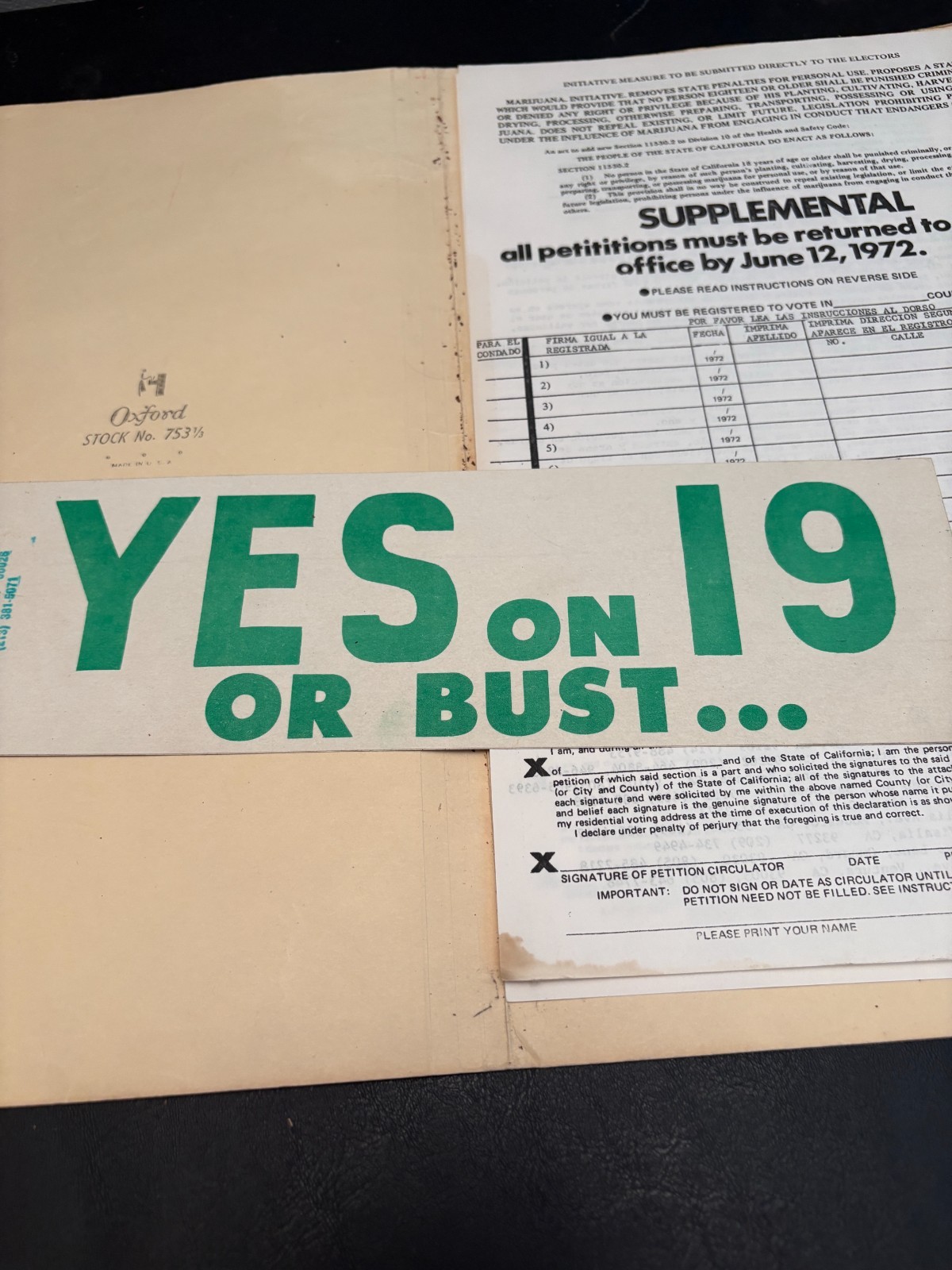 Vintage 1972 California Prop 19 Marijuana Legalization Petition & Bumper Sticker