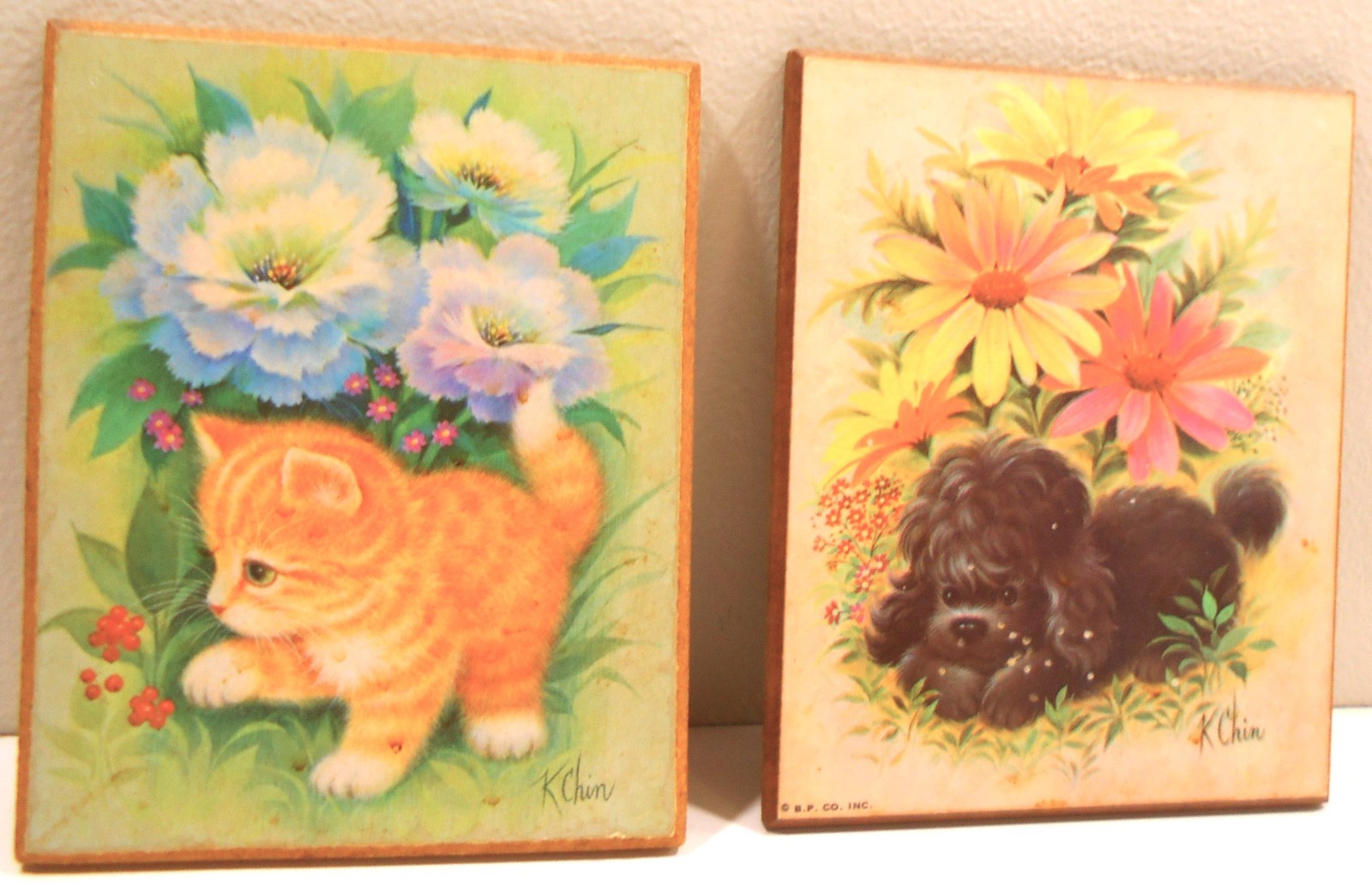 Set Of Two K. Chin Vintage Picture Plaques Kitten & Poodle 5\