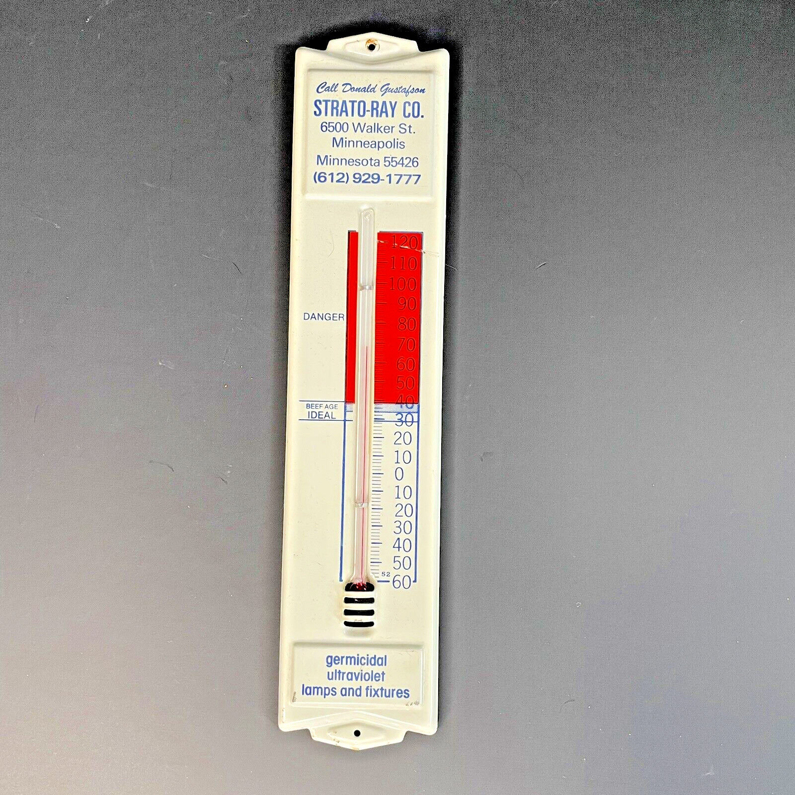 Vintage Strato Ray Advertising White Thermometer Sign Germicidal Beef Fridge