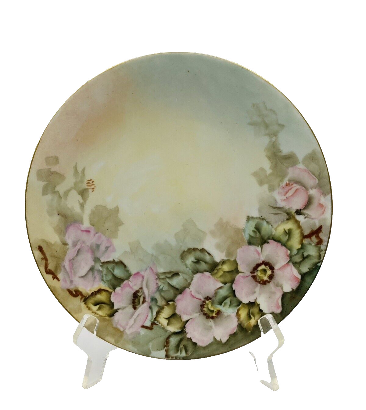 Vintage Handpainted Plate w/ Pink Roses Signed, Bavaria Gold Rim~ 9\