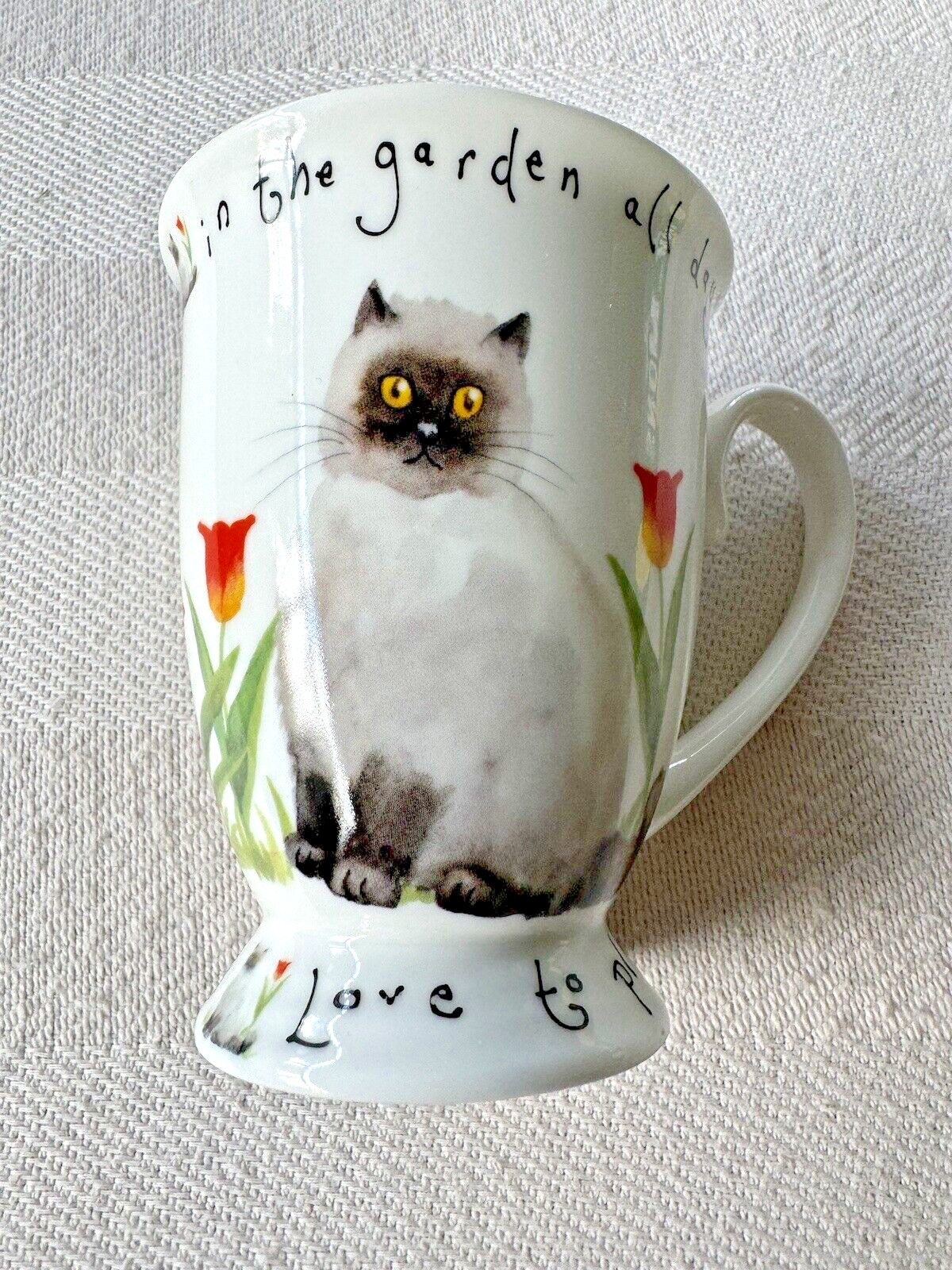 Kent Pottery Siamese Cat Kittens Play Garden Floral Porcelain Cup Mug Vtg NWOT