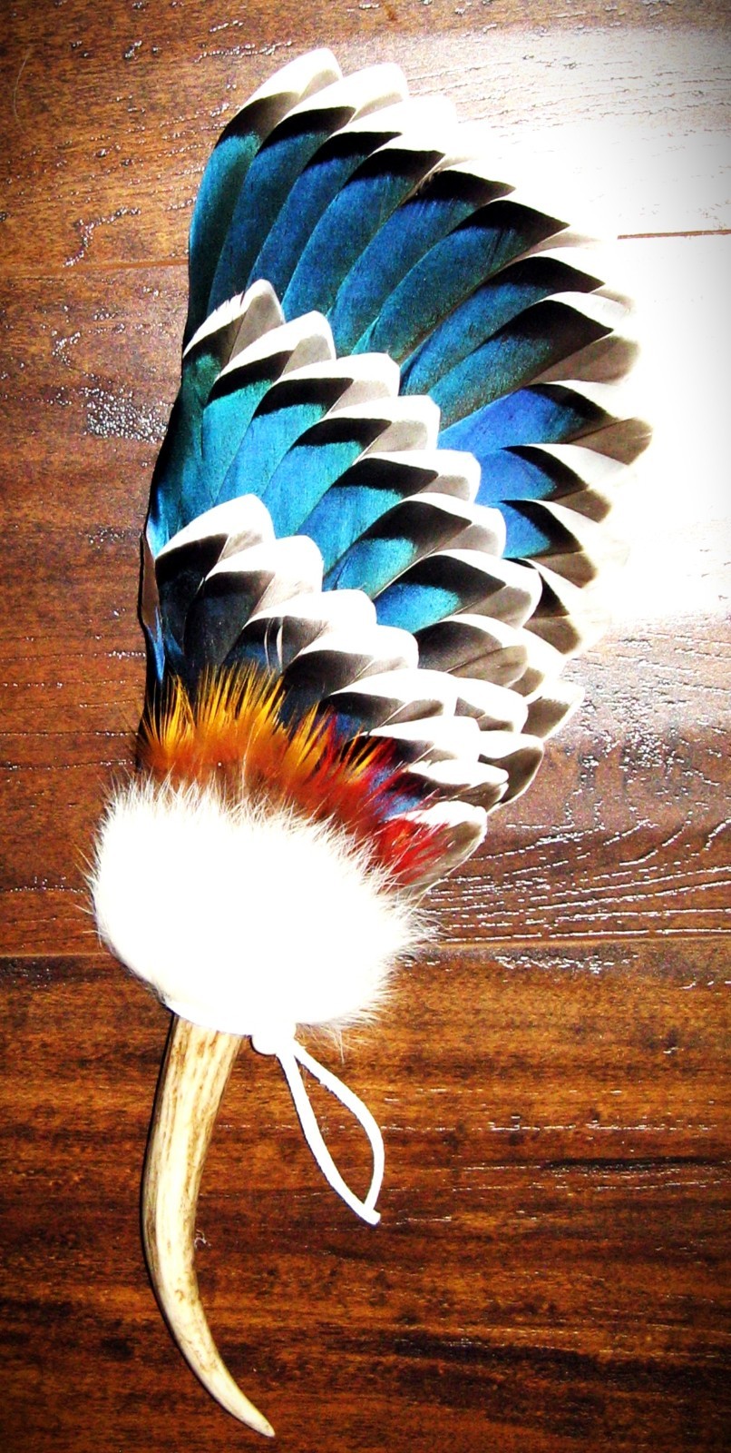 BLUE DRAKE NATIVE AMERICAN SMUDGE FEATHER FAN ANTLER 16\