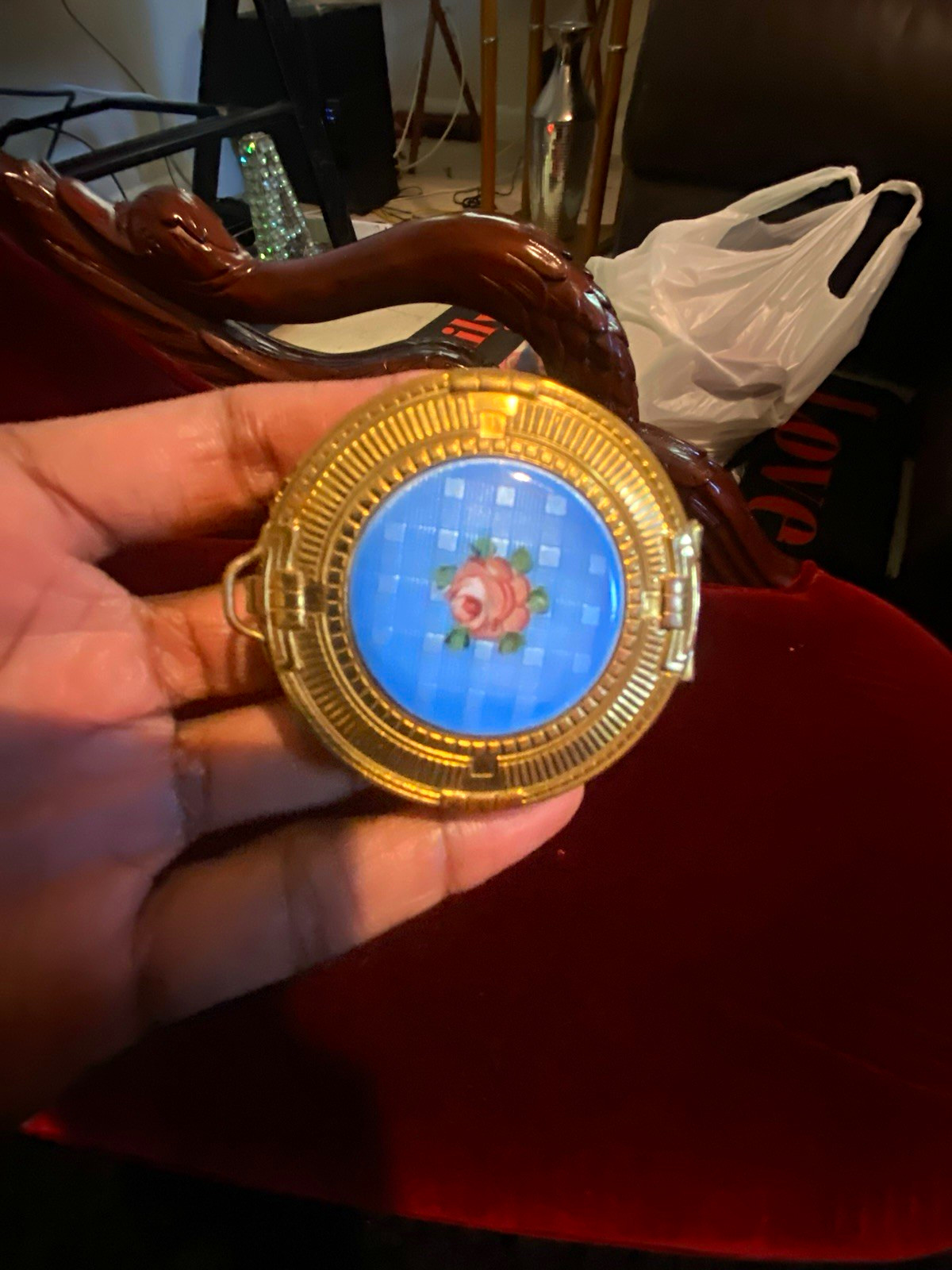 Evans Vintage Gold-Tone Powder Compact Blue Enamel Top Pink Rose Mirror