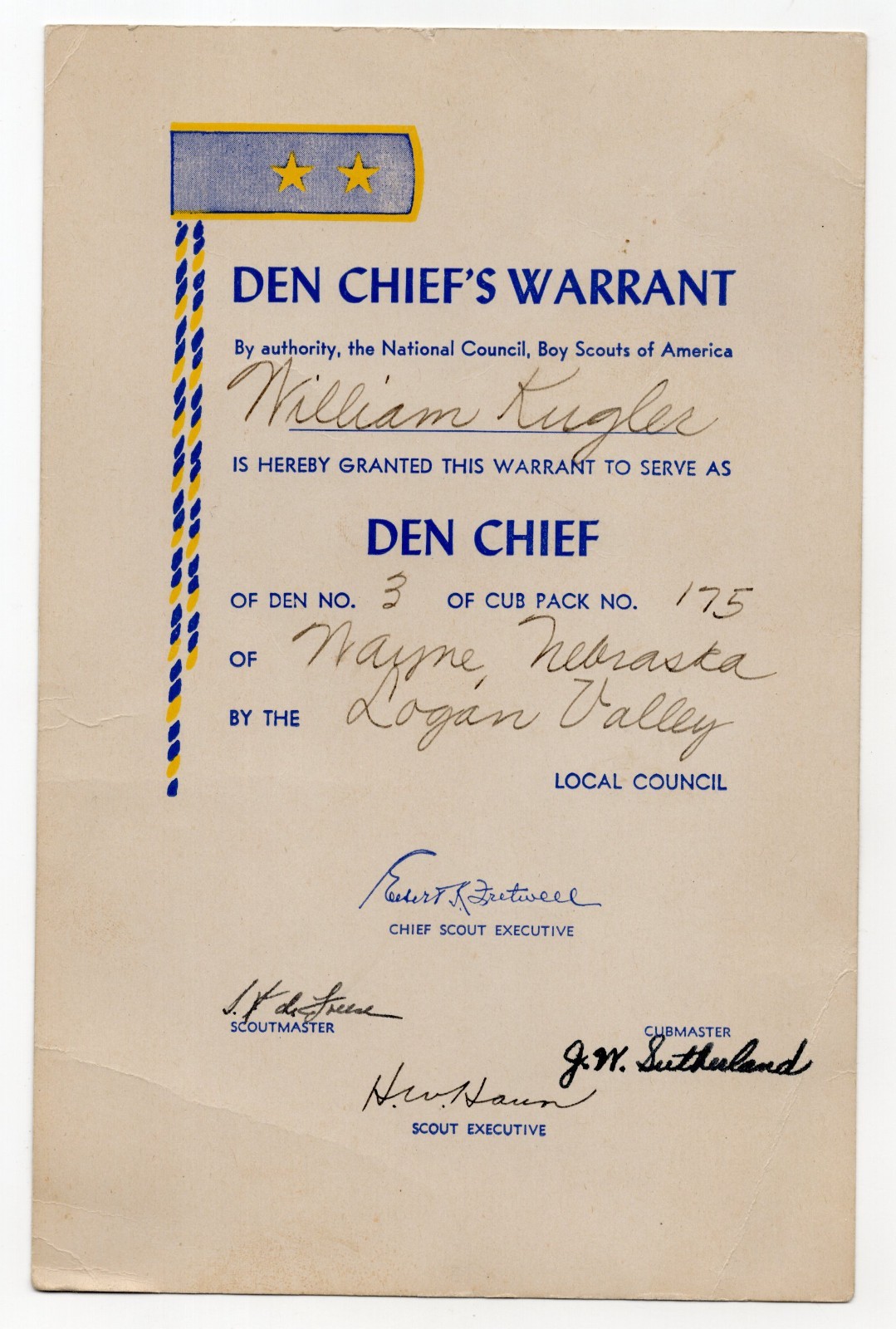 c1940s - Den Chief\'s Warrant BSA Logan Valley Boy Scouts - XL6D