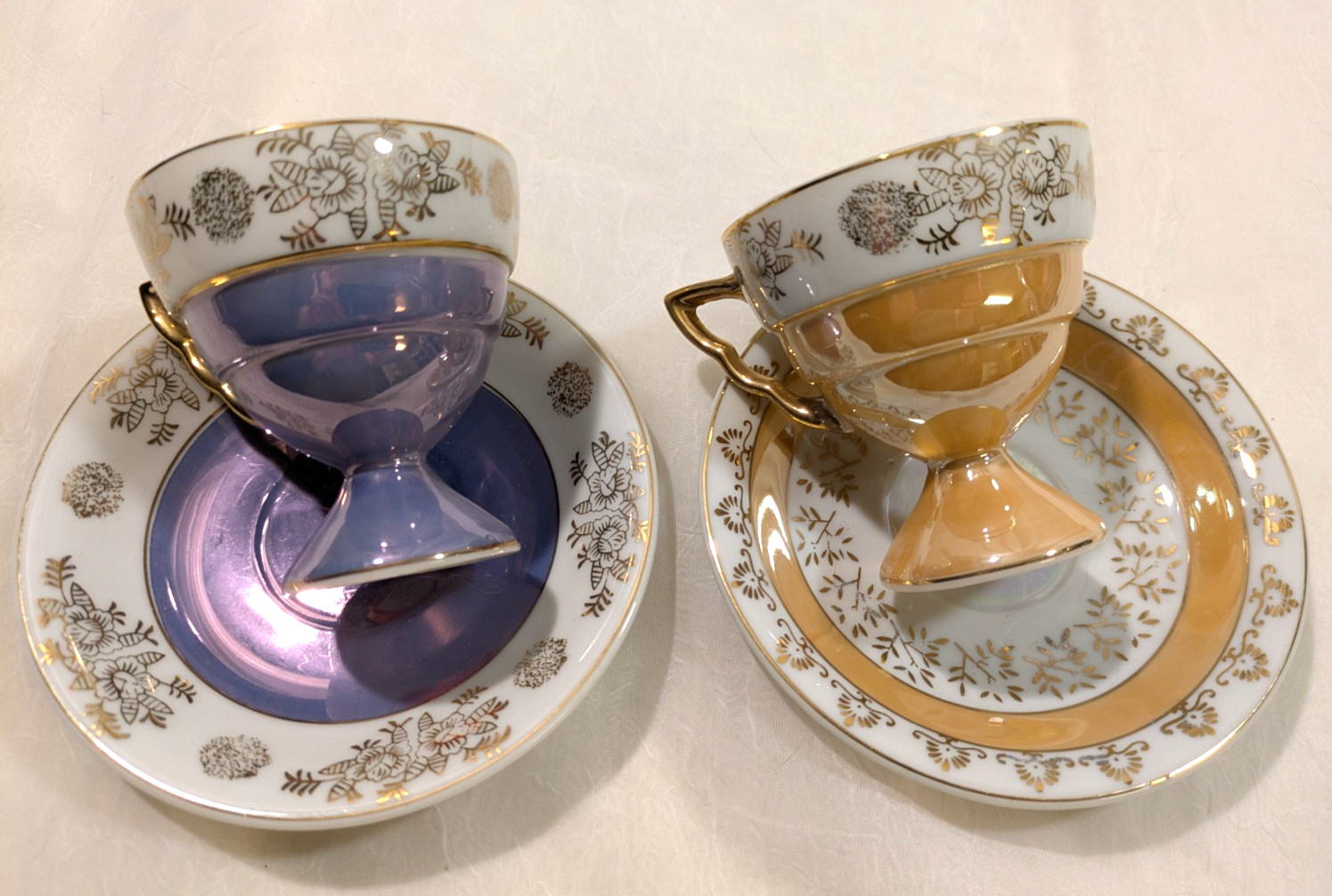 Lefton Gold Floral Trimmed Pedestal Tea Cup & Saucer Sets (Purple / Gold)