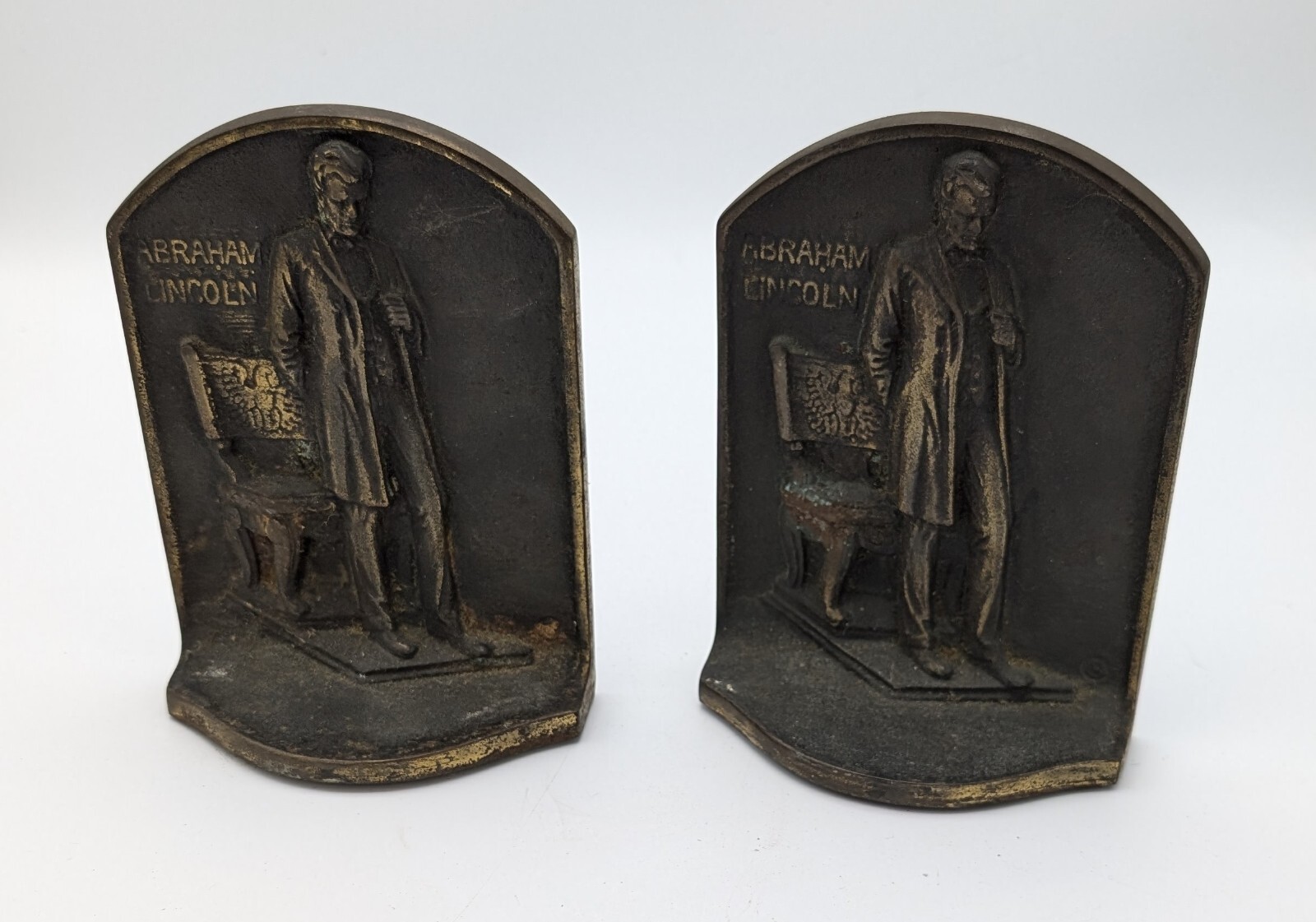 Antique 1923 Bronzed cast iron Abraham Lincoln Bookends A. M. Greenblatt Studios